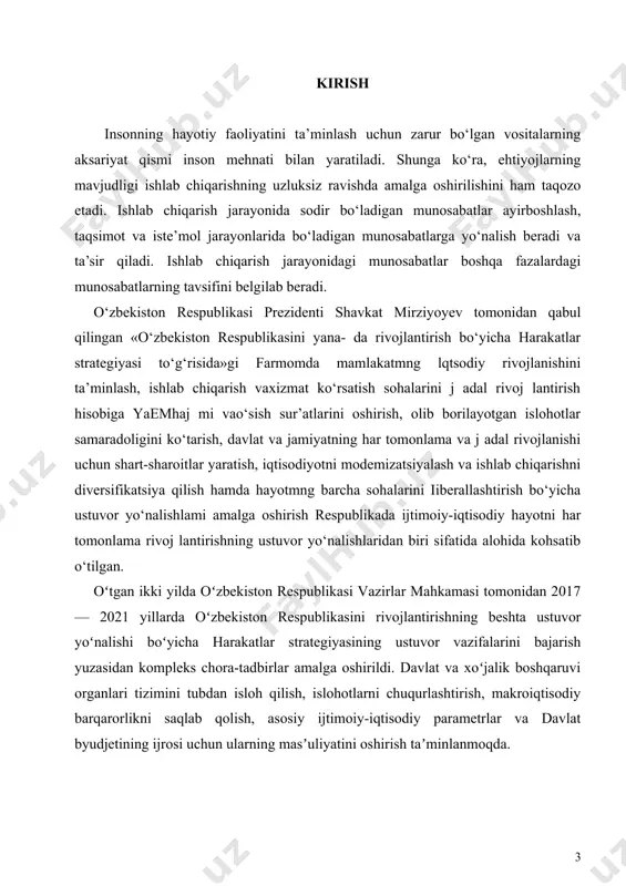 rish va rivojlantirish har doim eng muhim iqtisodiy qonuniyat va zaruriyatdir. insoniyat iste'mol qilmasdan turaolmaganidek, ishlab chiqarmasdan ham tura olmaydi. har bir jamiyatda ishlab chiqarishning amalga oshishi uchun, eng avvalo uning ro`y berishi uchun zarur bo`lgan, unda qatnashadigan omillar mavjud bo`lmog`i lozim. bu omillar uchta:ishchi kuchi, mehnat qurollari va mehnat predmetlaridir. i bob ehtiyoj va uning turlari. iqtisodiy resurslar. 1.1. ijtimoiy-iqtisodiy ehtiyojlar, ularning turlari va turkumlanishi. iqtisodiyot asoslarini, uning amal qilish qoida va tamoyillarini o‘rganish, iqtisodiy muammolarni hal etish eng avvalo ehtiyoj tushunchasi bilan uzviy bog‘liqdir. chunki, birinchidan, inson hayotiga turli ehtiyojlarning paydo bo‘lishi va qondirilishi jarayoni sifatida qarash mumkin. ikkinchidan esa, iqtisodiyotning doimiy va bosh masalasi ehtiyojlarning cheksizligi va iqtisodiy resurslarning cheklanganligi orqali namoyon bo‘ladi. ehtiyojlar turli-tuman bo‘lib, ularni iqtisodiy, ijtimoiy, madaniy, ma’naviy, siyosiy va boshqa turdagi ehtiyojlarga ajratish mumkin. ular orasida kishilarning yashashi, mehnat qilishi va hayot kechirishi uchun zarur bo‘lgan moddiy ne’matlardan hamda xizmatlarni o‘z ichiga oluvchi …
