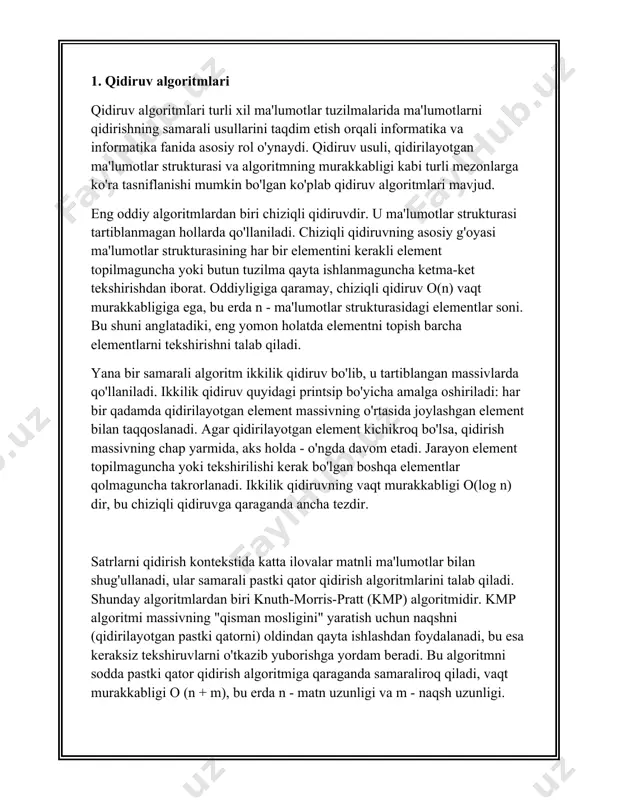 va grafiklarni qidirish uchun muhimdir. dfs quyidagi printsipdan foydalangan holda grafikni o'rganadi: ildiz tugunidan boshlab, algoritm orqaga qaytish va boshqa yo'llarni o'rganishdan oldin eng tashqi tugungacha chuqur boradi. bfs, aksincha, ildizdan boshlab, qo'shni cho'qqilarni tahlil qilib, grafikning har bir darajasini o'rganadi. ikkala algoritmning vaqt murakkabligi o (v + e) shaklida ifodalanishi mumkin, bu erda v - tepalar soni va e - grafikdagi qirralarning soni. ushbu qidiruv algoritmlari ma'lumotlar bazalari va qidiruv tizimlaridan tortib matn va grafiklarni qayta ishlashgacha bo'lgan turli sohalarda keng qo'llaniladi. ularning vaqtinchalik va fazoviy murakkabligini tushunish va optimallashtirish samarali dasturiy ta'minotni yaratishda asosiy rol o'ynaydi. 2. algoritmlarni qiyosiy tahlil qilish ### algoritmlarni qiyosiy tahlil qilish algoritmlarni qiyosiy tahlil qilish shunga o'xshash muammolarni hal qilish uchun turli xil algoritmlarning ishlashi, samaradorligi va resurslaridan foydalanishni baholashni o'z ichiga oladi. bunday tahlilning asosiy parametrlari vaqt murakkabligi, makon murakkabligi va amaliy samaradorlikdir. #### vaqt murakkabligi vaqt murakkabligi algoritmni bajarish uchun zarur …