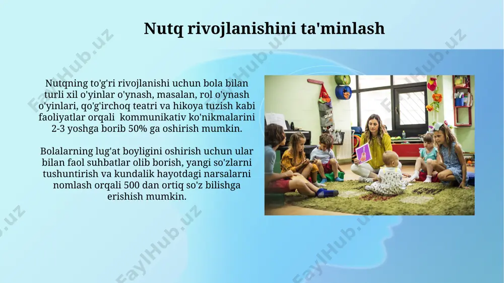 ni engish usullari qo'g'irchoqlar yoki hikoyalar orqali rol o'ynash, bolalarga turli vaziyatlarda, masalan, birinchi marta maktabga borishda, o'zlarini qanday tutishlarini simulyatsiya qilish imkoniyatini beradi va 70% ga yaqin qo'rquvni kamaytiradi. bolalarga 5-7 daqiqalik nafas olish mashqlari, masalan, chuqur nafas olish va sekin chiqarishni o'rgatish orqali stress va qo'rquvni boshqarishga yordam berish mumkin. bu ularning yurak urishi va mushaklarning tarangligini kamaytiradi. bolaning ijtimoiy-emotsional rivojlanishi bolaning ijtimoiy-emotsional rivojlanishi 3 yoshga kelib, o'z-o'zini boshqarish ko'nikmalarini rivojlantirish, masalan, 15 minut o'tirish yoki o'yinchoqlarini tartibga keltirish kabi vazifalarni bajarish bilan bog'liqdir. ijtimoiy munosabatlarning sifatli rivojlanishi uchun 4-5 yoshli bolalarga kamida 2 soat mustaqil o'yin va tengdoshlari bilan o'zaro ta'sir qilish imkoniyati berilishi kerak, bu ularning empatiya va hamkorlik ko'nikmalarini rivojlantiradi. oila va maktab o'rtasidagi hamkorlik oilaviy ta'limning 70% va maktab ta'limining 30% samarali kombinatsiyasi bolaning tengdoshlari bilan muloqot qilish va ijtimoiylashuv ko'nikmalarini rivojlantirishda muhim rol o'ynaydi. oila va maktab o'rtasidagi muntazam uchrashuvlar, kamida oyiga 1 …