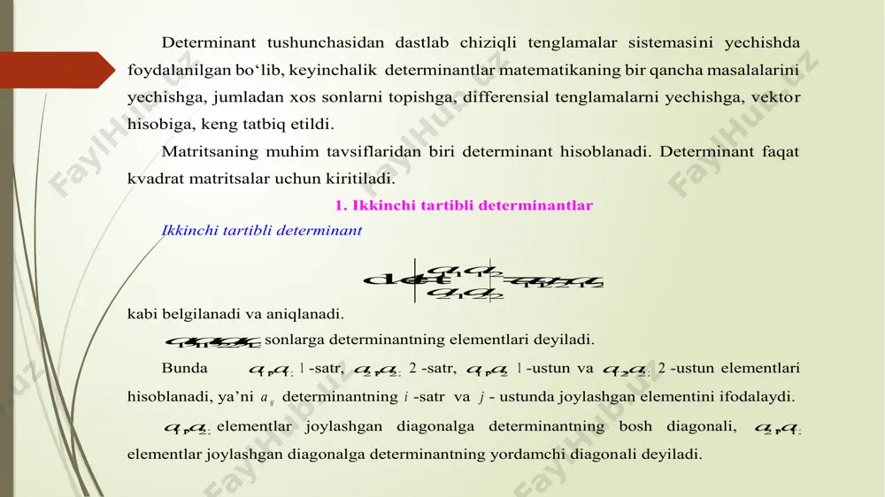 hisoblang. yechish. 231 123 312    ,202718  231 123 312    ,6666  .14620det a 142 213 351 det  b determinantni sarryusning 1-qoidasi bilan hisoblang. 213 302 143 det   c determinantni sarryusning 2-qoidasi bilan hisoblang. determinant biror elementining minori deb, shu determinantdan bu element turgan satr va ustunni o’chirishdan hosil bo’lgan determinantga aytiladi. soddalik uchun quyidagi uchinchi tartibli determinantni olamiz: 3. minor va algebraik toʻldiruvchilar determinant 𝑎 𝑖𝑘 elementining minori 𝑀 𝑖𝑘 (𝑖, 𝑘 = 1,2,3) bilan belgilanadi. masalan 𝑎 11 elementning minori 𝑎 32 elementning minori esa determinant biror elementining algebraik to’ldiruvchisi deb musbat yoki manfiy ishora bilan olingan minoriga aytiladi. 𝑎 ik elementning algebraik to’ldiruvchisi 𝐴 𝑖𝑘 bilan belgilanadi, bunda 𝐴 𝑖𝑘 = (−1) 𝑖 + 𝑘 × 𝑀 𝑖𝑘 . a 32 elementning algebraik to’ldiruvchisi 223 102 231  determinantning 2 21 a elementining minori va algebraik to‘ldiru vchisi …