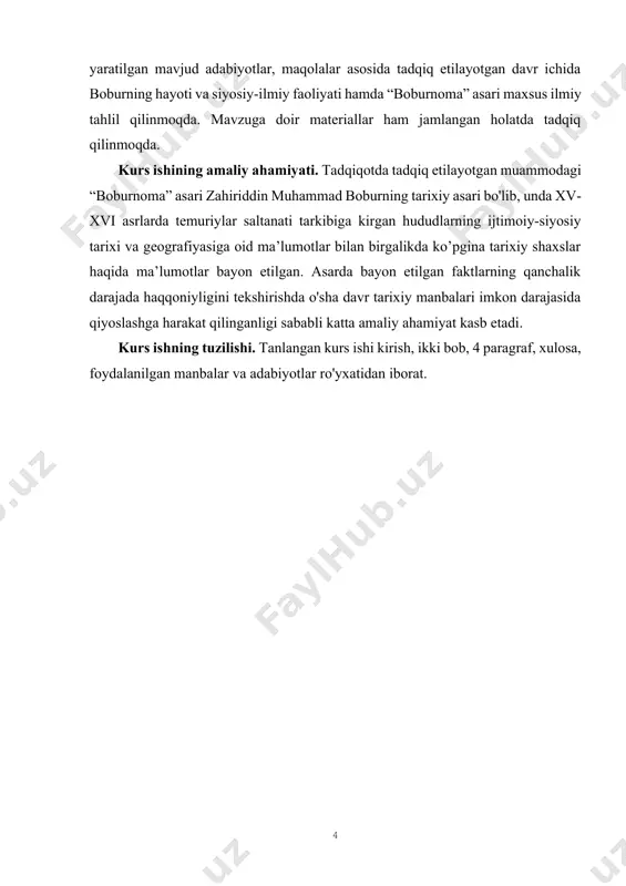 i imkon darajasida qiyoslashga harakat qilinganligi sababli katta amaliy ahamiyat kasb etadi. kurs ishning tuzilishi. tanlangan kurs ishi kirish, ikki bob, 4 paragraf, xulosa, foydalanilgan manbalar va adabiyotlar ro'yxatidan iborat. i.bob. zahiriddin muhammad boburning hayoti va siyosiy faoliyati. l. l. zahiriddin muhammad boburning hayoti va siyosiy faoliyati. zahiriddin muhammad (hijriy 888-yilda muharram oyining oltinchi kuni) milodiy 1483-yilning 14-fevralida dunyoga keldi. uning ismi o’sha davrdagi movarounnahrning atoqli ulamolaridan bo’lgan xo’ja nasriddin ubaydullaxon tanlagan edi. bobur shajarasi: ota tomonidan: bobur sulton umarshayx mirzo o’gli, u esa sulton abdusaid mirzo o’g’li, u esa sulton muhammad mirzo o’g’li, u esa mirzo miranshoh o’g’li, u esa amir temur o’g’li edi. onasi tomondan: qutlig’ nigor xonim yunusxon qizi, u esa vaysxson o’g’li, u esa sher alixon o’g’li, u esa muhammad xo’jaxon o’g’li, u esa xizir xo’jaxon o’g’li, u esa to’g’liq temurxon o’g’li, u esa eson bug’axon o’g’li, u esa dava chiqon o’g’li, u esa baroqxon o’g’li …
