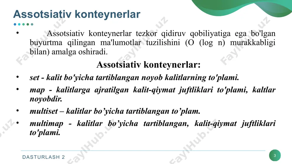 gan konst-iteratorni qaytaradi. 8 emplace to'plamga element joylashtiradi. dasturlash 2 set uchun aniqlangan funksiyalar 8 № nomi izoh 9 emplace_hint joylashtirishga ishora bilan to'plamga element kiritadi. 10 empty to'plam bo'sh yoki yo'qligini tekshiradi. 11 end to'plamdagi oxirgi elementdan keyingi joyga ishora qiluvchi iteratorni qaytaradi. 12 equal_range belgilangan kalitdan kattaroq kalit bilan to'plamdagi birinchi elementga va berilgan kalitdan kattaroq yoki unga teng keladigan to'plamdagi birinchi elementga mos ravishda iterator j uftligini qaytaradi. 13 erase belgilangan pozitsiyalardan biron bir element yoki elementlar qatorini o’chiradi yoki berilgan kalitga mos keladigan elementlarni o’chiradi. 14 find belgilangan kalitga teng keladigan kalit bilan to'plamdagi elementning joylashuviga kiradigan iteratorni qaytaradi. 15 get_allocator to'plamni yaratish uchun foydalaniladigan ajratuvchi ob'ektining nusxasini qaytaradi. dasturlash 2 cbegin() funksiyasi / 9 to'plamdagi birinchi elementga tegishli bo'lgan const-iterator ni qaytaradi. const_iterator cbegin() const; auto i1 = container.begin(); // i1 is container ::iterator auto i2 = container.cbegin(); // i2 is container ::const_iterator cend() funksiyasi …