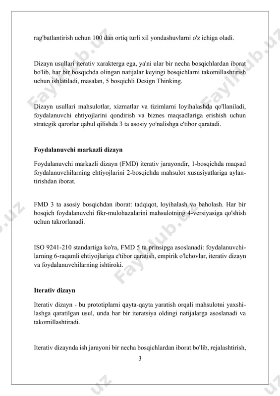 rativ jarayon bo'lib, unda prototiplar 80% tayyor bo'lganda sinovdan o'tkaziladi va foydalanuvchilarning fikr-mulohazalari asosida takomillashtiriladi. dizayn fikrlash biznesda, muhandislikda va ta'limda keng qo'llaniladi; uning 7 asosiy tamoyili foydalanuvchi ehtiyojlariga moslashishga yordam beradi. prototip yaratish prototip yaratish, mahsulotning dastlabki nusxalarini yaratish orqali xatolarni aniqlash va dizaynni yaxshilash uchun qulay imkoniyat beradi, shu bilan yakuniy mahsulot sifatini oshiradi. kam xarajatli prototiplar, masalan, qog'oz prototiplari yoki wireframeslar, erta bosqichlarda 80%gacha dizayn muammolarini aniqlashga yordam beradi va resurslarni tejaydi. prototipning iterativ jarayoni, birinchi versiyadan keyin 3-5 marta takrorlash orqali, foydalanuvchi tajribasi va funksionallikni sezilarli darajada yaxshilashga olib kelishi mumkin. simulyatsiya simulyatsiya – real tizimning modelini yaratish orqali, uning xatti-harakatini oʻrganish usuli, xarajatlarni 50% kamaytiradi va 75% aniqlikni ta'minlaydi. monte-karlo usuli simulyatsiyada tasodifiy o'zgaruvchilarni qo'llash orqali 90% ehtimollikni baholaydi, risklarni 30% kamaytirishga imkon beradi. agentga asoslangan modellashtirish murakkab tizimlarni 1000+ individual agentlar orqali simulyatsiya qiladi, bu esa 2x tezroq qaror qabul qilish imkonini beradi. empatiya …