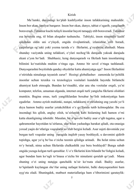 sh, anglay olish, ta’sirlanish kabi hislarning hali hamon o‘rni katta ekanligining isbotidir. masalan, bir o‘quvchi badiiy asar o‘qib tugatsa, agar u qahramonlar hayotidan ta’sirlansa, ular bilan yashashga harakat qiladi, ota-onasiga yoxud yaqin do‘stlariga voqealarni so‘zlab bergisi keladi. asar sujeti davomida yuz bergan turli voqealar uning yuragida inqilob yasay boshlaydi, u davomini qidirib topishga, agar yo‘q bo‘lsa o‘zicha taxmin qilishga urinadi. bu holat nima uchun ro‘y beradi, nima uchun fikrlarida chalkashlik yuz bera boshlaydi? bunga sabab ongida yuzaga kelgan turli qarashlar. u o‘z fikrlarini kim bilandir bo‘lishgisi keladi, agar bundan ham ko‘ngli to‘lmasa o‘zicha bir nimalarni qoralab qo‘yadi. mana shuning o‘zi uning nutqiga qanchalik ta’sir ko‘rsata oladi. badiiy asarlar, to‘lqinlanib kuylangan she’rlar uning nafaqat hislarini, balki dunyoqarashini ham uyg‘ota oladi. shuningdek, matbuot materiallariga ham e’tiborimizni qarataylik: turli yangiliklarni, kutilmagan xabarlarni, yoxud ma’lumotlarni bola nutqida qayta ishlaydi, tahlil qiladi, rivojlantiradi, shaxsiy qarashlaridan kelib chiqqan holda muammolarga yechim topishga harakat qiladi. albatta, bu …