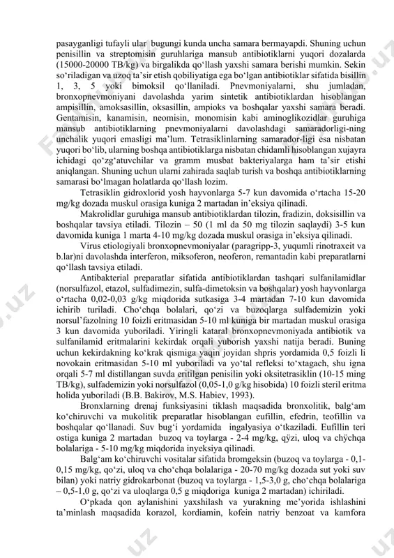 g tezlashishi kabi belgilar paydo bo‘ladi. yo‘tal kuchayib, ko‘pincha xurujli yo‘talga aylanadi. cho‘chqa bolalarida esa nafas qiyinlashib, asfiksiya kuzatiladi. buzoqlarda ko‘krak qafasi perkussiya qilinganda o‘pkaning do‘nglik va diafragma qismlarida perkutor tovushning bo‘g‘iqlashganligi, shuningdek, pul’sning tezlashishi va susayishi, maksimal arterial bosimning pasayishi, minimal arterial bosim va venoz bosimning esa ko‘tarilishi kuzatiladi. qon harakati sekinlashadi, shilliq pardalar ko‘karadi, jigarda qon turg‘un-lashadi. diareya kuzatilishi mumkin. surunkali bronxopnevmoniya bilan kasallangan yosh hayvon-larda o‘sishdan qolish, ishtahaning o‘zgaruvchan bo‘lishi, yuqori namlik va o‘ta issiq sharoitlarda yo‘tal va aralash tipdagi hansirashning kuchayishi qayd etiladi. bu paytda tana harorati vaqti-vaqti bilan 40-40,50c gacha ko‘tarilib turadi yoki 0,1-0,50c ga ko‘tarilgan holda saqlanadi. burun yo‘llaridan vaqti-vaqti bilan suyuqlik oqa boshlaydi. auskultasiyada xirillashlar, perkussiyada o‘pkaning bo‘g‘iq tovush o‘choqlari aniqlanadi. patalogoanatomik o‘zgarishlari. kasallikning o‘tkir shaklida shilliq pardalar oqargan, o‘pka to‘qimasi qattiqlashgan bo‘lib, ba’zan atelektaz o‘choqlari aniqlanadi. yuqori nafas yo‘llari giperemiyaga uchragan, bronx va bronxiolalar bosganda oson chiqadigan zardob suyuqlik bilan to‘lgan bo‘ladi. …