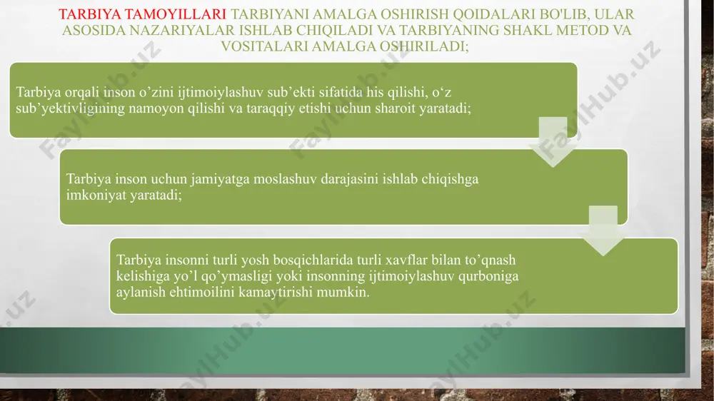 jаzolаsh; kabi metodlar qaysi tarbiya metodlari guruhiga mansub? a)ongni shakllantiruvchi metodlar b)xulq-atvorni stimullashtiruvchi metodlar c)nazorat metodlari 4.go’zallik, kiyinish, tozalik, yurish-turish, saranjom-sarishtalik kabi tushunchalar qaysi tarbiya turiga kiradi? a)aqliy tarbiya b)axloqiy tarbiya c)mehnat tarbiyasi 5. nechanchi asrda rossiya pedagogikasida tarbiya masalalarini alohida ko’rish hollari uchraydi. a)xviii b)xviii c)xix 6. faollik , ishchanlik , tadbirkorlik , ishbilarmonlik kabi tushunchalar qaysi tarbiya turiga kiradi? a)aqliy tarbiya b)estetik tarbiya c)mehnat tarbiyasi image3.jpg image4.jpg image5.jpg /docprops/thumbnail.jpeg
