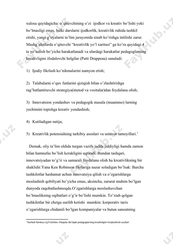 shish; kutiladigan natija; kreativlik potensialning tarkibiy asoslari va ustuvor tamoyillari. demak, oliy ta’lim oldida turgan vazifa judda jiddiyligi hamda zamon bilan hamnafas bo’lish kerakligini uqtiradi. bundan tashqari, innovatsiyadan to’g’ri va samarali foydalana olish ha kreativlikning bir shaklidir.yana ken robinson fikrlariga nazar soladigan bo’lsak: barcha tashkilotlar hashamat uchun innovatsiya qilish va o’zgarishlarga moslashish qobiliyati bo’yicha emas, aksincha, zarurat muhim bo’lgan dunyoda raqobatlashmoqda.o’zgarishlarga moslashuvchan bo’lmaslikning oqibatlari o’g’ir bo’lishi mumkin. to’xtab qolgan tashkilotlar bir chetga surilib ketishi mumkin: korporativ tarix o’zgarishlarga chidamli bo’lgan kompaniyalar va butun sanoatning vayronalari bilan to’la. ular eski odatlarga yopishib qolishgan va innovatsion kompaniyalarni oldinga olib boradigan o’zgarishlar to’lqinini o’tkazib yuborishgan. pasayish xavfi faqat kompaniyalarda kuzatilmaydi. ya’ni u ta’limga turli jihatdan qaraydi. hozirgi kundagi sanoat va iqtisod, biznes va marketing faqat ta’lim foydasiga harakat qilishini ta’kidlaydi. bunda u maktablarda o’tiladigan har qanday fanlar matematikadan tortib, to musiqa va raqsgacha to’laqonli intizom asosida o’rgatilishi, shundagina san’at bilan ta’limni integratsiya qila …
