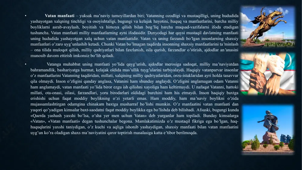 b, yagona maqsad yoʼlida mehnat kilayotgan turli millat va elatlarga mansub kishilar oʼrtasidagi oʼzaro hurmat, doʼstlik va hamjihatlikning maʼnaviy asosidir.bu gʼoya - har bir millat vakilining isteʼdodi va salohiyatini toʼla roʼyobga chiqarish uchun sharoit yaratadi va uni vatan ravnaqi, yurt tinchligi, xalq farovonligi kabi ezgu maqsadlar sari safarbar etadi". shu nuqtai nazardan qaraganda, millatlararo totuvlik masalasi bir ijtimoiy-iqtisodiy munosabatlar tizimidan ikkinchisiga oʼtish jarayonida ayniqsa muhim ahamiyat kasb etadi. zero, bunday paytda siyosatda tenglik va adolat gʼoyasining ustuvorligi hamda amalda oʼz ifodasini topishi, koʼzlangan maqsadlarga erishishga zamin yaratadi, belgilangan ijtimoiy-iqtisodiy, siyosiy-huquqiy, maʼnaviy-maʼrifiy moʼljallar barcha uchun qadriyatga aylanadi. buni bozor munosabatlariga asoslangan, shaxs salohiyati, fuqaro huquq va erkinliklarini roʼyobga chiqarish uchun barcha imkoniyatlarni yaratadigan fuqarolik jamiyati qurayotgan oʼzbekistonda millatlararo munosabatlarga ana shunday yondashilgani misolida yaqqol koʼrish mumkin. natijada mustaqillik arafasida ataylab yuzaga keltirilgan etnik keskinliklar bartaraf qilinib, ijtimoiy hamkorlik va hamjihatlikka mustahkam asos yaratildi millatlararo hamkorlik qaror topgani uchun ham respublikamiz jamiyat …