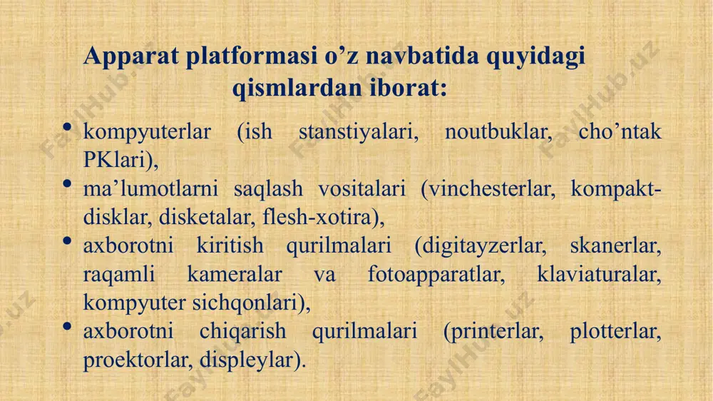 rlar, masalan, hewlet paccard seriyali plotterlari va x.k. to'liq rangli tasvirlarni normal ishlab berishni taminlaydi. plotterning umumiy ko'rinishi ishlab chiqaruvchi firma software mapinfo mapinfo pro esri arcview, arc/info autodesk gmbh autocad map, autocad land de-velopment, autodesk mapguide r5, autocad map 2000 caliper maptitude integraph geomedia tactician tactician geograph geograf gis 2.0 kredo- dialog credo gat software va kompaniyalar gеоgrаfik vа аtribut mа'lumоtlаr ta’kidlab o’tilganidek, gat ikki tipdagi axborotga birga ishlov berishni nazarda tutadi: 1. geografik (fazoviy, kartografik) axborot; 2. atritbutiv (nofazoviy, semantik, tematik, ta’rifiy, jadvalli) axborot. geografik axborot gatda ob’yektlarning fazoviy o’rnashgan joyini (koordinatalari, grafik rasmiylashtirish elementlari) ta’riflash bilan ifodalanadi. ma’lumotlar raqamli shaklda magni tasmalarida, magnit, optik va “qattiq” disklarda bo’ladi hamda suratni ma’lumotlarning u yoki bu modelida vizuallashtirish uchun xizmat qiladi. gatda atributiv axborot – bu fazoviy bog`lanishi aniqlangan ob’yektlarning sifat yoki miqdor parametrlarini ta’riflaydigan ma’lumotlardir. аtribut mа'lumоtlаrning tuzilishi аtribut tаvsifi yo'l turi 1 – аvtоstrаdа 2 – аsоsiy …