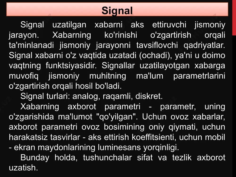 u sanoq sistemasida faqat ikkita raqam mavjud: 0 va 1, ularni ifodalash uchun ikki xil signal ishlatiladi: potentsial va impuls. potentsial raqamli signalning elementlari ikkita kuchlanish darajasidir. ulardan biri yuqori darajadagi u1 1 bilan, ikkinchisi past darajadagi u0 esa nol bilan ifodalanadi. eng oddiy potentsial raqamli signal rasmda ko'rsatilgan. raqamli signallar diskret va raqamli signallar 1. raqamli (ikkilik) signallar har qanday impuls amplitudasi uchun faqat ikkita qiymatga ruxsat berilganda diskretlarning alohida holatidir: mos ravishda "0" yoki "1", joriy va joriy bo'lmagan xabarlar. 2. diskret signalning raqamli signalga o'tishlari raqamli-analogli o’zgartkich (rao’) va analog-raqamli o'zgartirgich (aro’) yordamida amalga oshiriladi. 3. adc ikki bosqichda konvertatsiya qiladi: har bir diskret signal qiymati o'nlikdan ikkilik tizimga aylantiriladi; ikkilik raqamga ikkita "0" va "1" pozitsiyasiga ega bo'lgan ikkilik signal beriladi. 5 = 12 2 + 02 1 + 12 0 101 4. raqamli signallar bit/s dagi uzatish tezligi bilan tavsiflanadi. bit - minimal xabar, ikkita …