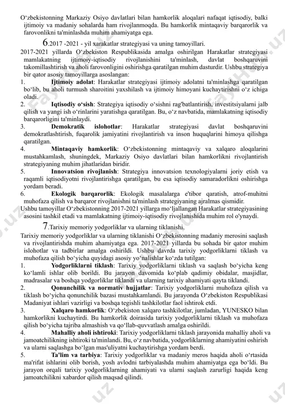 o hamkorlikni rivojlantirish, ayniqsa, suv resurslarini boshqarish va iqlim o'zgarishi bo'yicha tashabbuslar muhim ahamiyatga ega. 4. mustaqillik yillarida qoraqolpoğiston respublikasi ijtimoiy-iqtisodiy va siyosati faoliyatida amalga oshirilgan islohatlar. mustaqillik yillarida qoraqalpog'iston respublikasida amalga oshirilgan ijtimoiy-iqtisodiy va siyosiy islohatlar bir qator muhim o'zgarishlarni o'z ichiga oladi. ushbu islohatlar qoraqalpog'istonning iqtisodiy va ijtimoiy rivojlanishini ta'minlashga qaratilgan bo'lib, quyidagi asosiy yo'nalishlarni qamrab oladi: 1. davlat suvereniteti va siyosiy islohotlar: · 1990 yil 14 dekabrda qoraqalpog'iston respublikasi oliy kengashi "o‘zbekiston respublikasi tarkibida qoraqalpog‘iston respublikasi davlat suvereniteti to‘g‘risidagi" deklaratsiyani qabul qildi. bu hujjat qoraqalpog'istonning mustaqilligini ta'minlashda muhim ahamiyatga ega bo'ldi. · 1993 yil 9 aprelda qoraqalpog'iston respublikasi konstitutsiyasi qabul qilindi, bu esa milliy davlatchilikni mustahkamladi [2]. 2. iqtisodiy islohotlar: · qoraqalpog'istonda iqtisodiy yangilanishlar amalga oshirildi, jumladan, mulkchilikning yangi shakllari paydo bo'ldi va nodavlat sektorining hissasi oshdi. sanoat, qishloq xo'jaligi va savdoda nodavlat sektori hissasi 80-90 foizni tashkil etdi [2]. · xususiylashtirish jarayoni davomida 2000 yilga kelib …