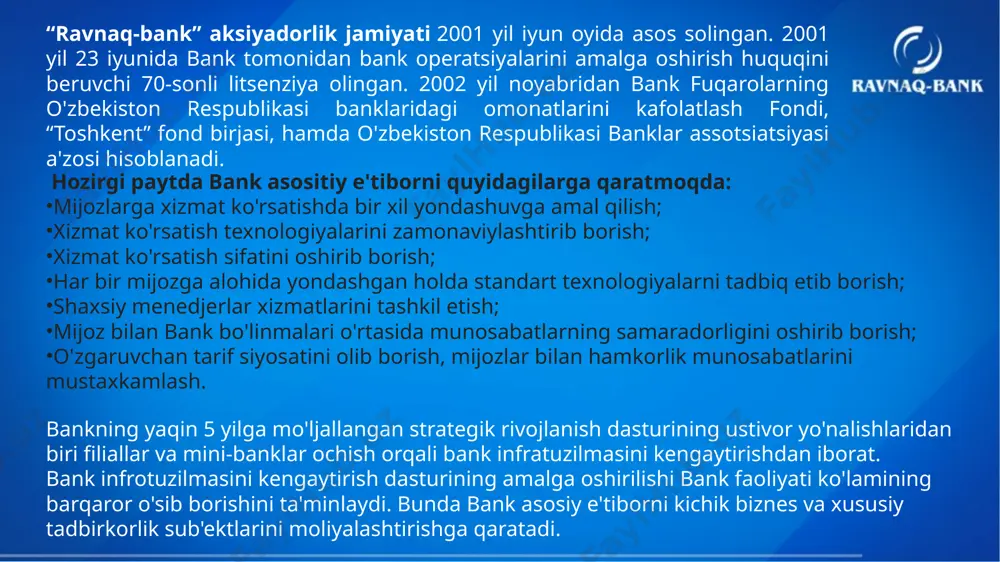 va boshqa xizmatlar uchun avtokredit ipoteka krediti mikroqarz garchi visa electron boshlang‘ich darajadagi karta bo‘lsa ham, u mijozlarga bir qator qulayliklarni yaratib beradi: har qanday visa bankomatida, shu jumladan chet elda naqd pulni yechib olish; butun dunyoda joylashgan o‘n milliondan ortiq savdo shahobchalarida hisob-kitoblarni amalga oshirish; yuqori darajada xavfsizlik va nazorat; internetda karta bilan to‘lash; savdo shahobchalarining maxsus takliflaridan foydalangan holda mablag‘larni tejash imkoniyatlari mavjud. -visa electron ochilishi (dual) – 0 so'm; -garov depozit hajmi – 5 usd; -yillik xizmat komissiyasi – 0 usd; -xaridlarni komissiyasiz amalga oshirish; -xar bir xaridingizdan "ravnaq-bank" ajdan keshbeklar. visa electron e’tiboringiz uchun rahmat! image2.png image3.png image4.png image5.png image6.png image7.png image8.png image9.png image10.png image11.png image12.png image13.png image14.png image15.png image16.png image17.png image18.png image19.png image20.png image21.png image22.png image23.png image24.png image25.png image26.png image27.png image28.png image29.png image30.png image31.png image32.png image33.png image34.png image35.png image36.png image37.png image38.png image39.png image40.png image1.png
