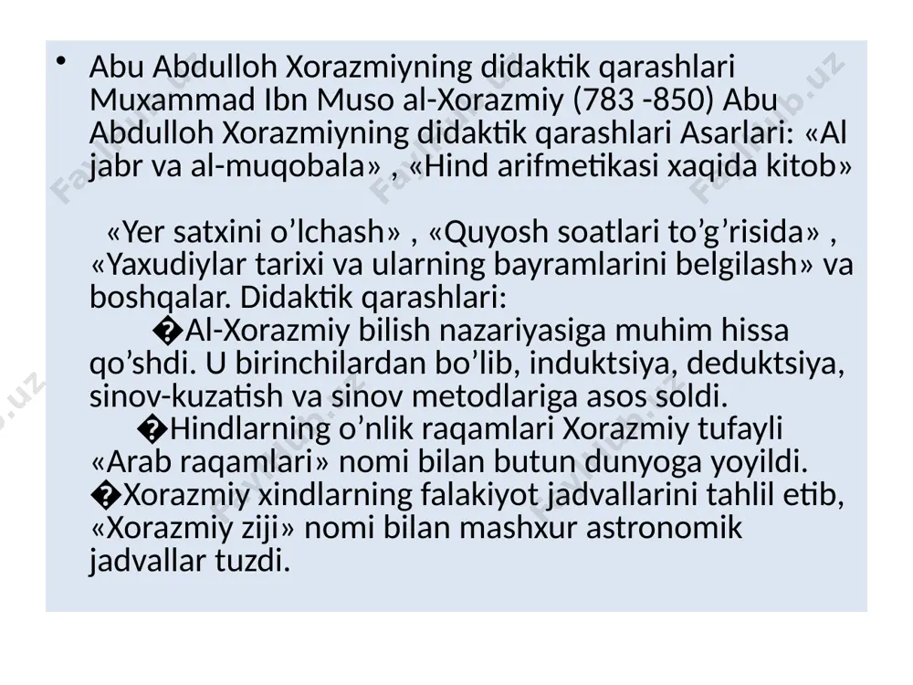 bda o’qitishga e’tibor berish; 5) bilim berishda bolalarning mayli, qiziqishi va qobiliyatini hisobga olish; 6) o’qitishni jismoniy mashqlar bilan qo’shib olib borish. tavsiya etiladigan adabiyotlar 1. xodjaev b.x. umumiy pedagogika nazariyasi va amaliyoti. darslik. – t.: “sano-standart” nashriyoti 2017, 417- bet. 2. musurmonova a. va boshqalar. umumiy pedagogika. o’quv qo’llanma. «ozkitobsavdonashriyoti», 2020. 399-bet. image1.png /docprops/thumbnail.jpeg