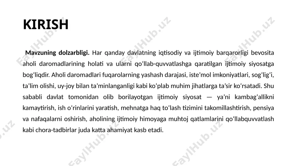da tutadi mexanizm turi amaliy ko‘rinish/o‘zbekiston misolida ijtimoiy yordamlar kam ta’minlangan oilalarga nafaqa, nogironligi bo‘lgan shaxslarga yordam, ijtimoiy himoya tizimi pensiya va nafaqa tizimi yoshga doir pensiyalar, nogironlik pensiyasi, bolali oilalarga to‘lovlar subsidiya uy-joy kommunal xizmatlariga subsidiya, energiya tariflaridagi imtiyozlar, talabalarga kontrakt subsidiyasi soliq siyosati progressiv soliq stavkalari, yirik daromadlarga nisbatan soliq yukining oshirilishi, imtiyozli soliqlar ish bilan ta’minlash siyosati "yoshlar – kelajagimiz", "har bir oila – tadbirkor", “ishga marhamat” markazlari orqali ish o‘rinlari ta’lim va sog‘liqni saqlash davlat byudjetidan bepul ta’lim va tibbiy xizmatlar moliyalashtirilishi moliyaviy yordam dasturlari startaplar va tadbirkorlik uchun grantlar, ayollar va yoshlar tadbirkorligini qo‘llab-quvvatlash minimal ish haqi va pensiya har yili yangilanadigan mehnatga haq to‘lashning eng kam miqdori va pensiya stavkalari daromadlarni tartibga solish mexanizmlari — bu davlat tomonidan aholining moliyaviy ahvolini barqarorlashtirish, iqtisodiy tengsizlikni kamaytirish va ijtimoiy adolatni ta’minlash maqsadida qo‘llaniladigan vosita va usullar yig‘indisidir. bu mexanizmlar orqali davlat aholining turli qatlamlari o‘rtasida daromadlar …