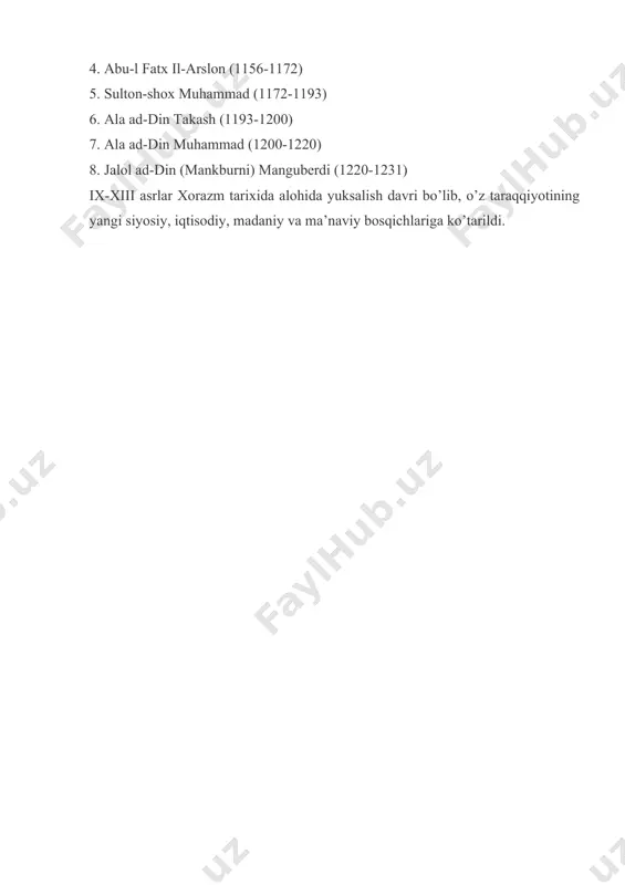 erdi (1220-1231) ix-xiii asrlar xorazm tarixida alohida yuksalish davri bo’lib, o’z taraqqiyotining yangi siyosiy, iqtisodiy, madaniy va ma’naviy bosqichlariga ko’tarildi. “vatan ozodligi va jaloliddin manguberdi” mavzusida isho yozish reja: 1. jaloliddin manguberdi faoliyati. 2. jaloliddinning ozodlik uchun kurashi. 3. jasorat va vatanparvarlik ramzi. jaloliddin manguberdi faoliyati. urganchni tark etgan jaloliddin va temur malik tezda niso shahriga yetib kelishgach, bu yerda mo‘g‘ullarning 700 kishilik kichik lashkari bilan to‘qnashadilar. kuchlar teng bo‘lmasa-da, jaloliddin dushmanni mag‘lub etadi. so‘ngra, nisodan nishopurga va u yerdan g‘azna tomon ot choptiradi. jaloliddin g‘azna shahriga yetmasdan yaqin oradagi hirot hokimi hamda qaynotasi bo‘lmish amin malik bilan uchrashadi. ular bilan birgalikda qandahor qal’asini qamal qilayotgan mo‘g‘ullar ustiga yurish qiladilar. jaloliddin bu kurashda harbiy ilm tarixida ilk bora “piyoda yoyandozlar”ni mo‘g‘ullarning otliq askarlariga qarshi qo‘yadi. inglizlar keyinchalik bu harbiy usulga yuqori baho berib, o‘zlarining “kress” yonidagi mashhur janglarda undan foydalanishadi. uch kunlik jangdan so‘ng mo‘g‘ullar mag‘lub etiladi. shundan so‘ng, jaloliddin …