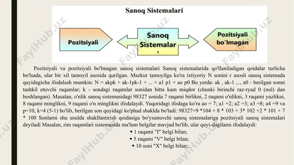 ari yordamida lxxvii ko'rinishda ifodalanadi. 2-misol. 1960 soni rim raqamlari yordamida quyidagicha ifodalanadi: 1 = i; 5 = v; 10 = x; 50 = l; 100 = c; 500 = d; 1000 = m ligidan hamda 1960 = 1000+900+60=1000+500+400+50+10 ekanligini inobatga olib, berilgan 1960 sonini quyidagicha ifodalash mumkin: bu moslikni belgilar ketma-ketligida ifodalasak, quyidagi natijani olamiz: 1960 = mdcdlx axborotlarni ikki raqamli sanoq sistemasida kodlash. kompyuterlarda har bir belgiga 0 va 1 belgilarining ketma-ketligidan iborat 8 ta belgi mos qo'yiladi. shu 8 ta belgining har biri bit deb nomlanadi. 8 ta bit esa bir bayt ni tashkil etadi. 8 ta nol va birlarning turli kombinatsiyasidan foydalanib, turli xildagi belgilarni kodlashimiz mumkin. 0 va 1 dan iborat raqamlar yordamida ularni 8 tadan ajratsak, bu kombinatsiyalar soni 28 =256 ga teng bo'ladi va ular yordamida 256 ta harflar, raqamlar, turli boshqa belgilarni kodlash imkoniyati tug'iladi. bitta belgini kompyuterlarda kodlash uchun 8 bit, …