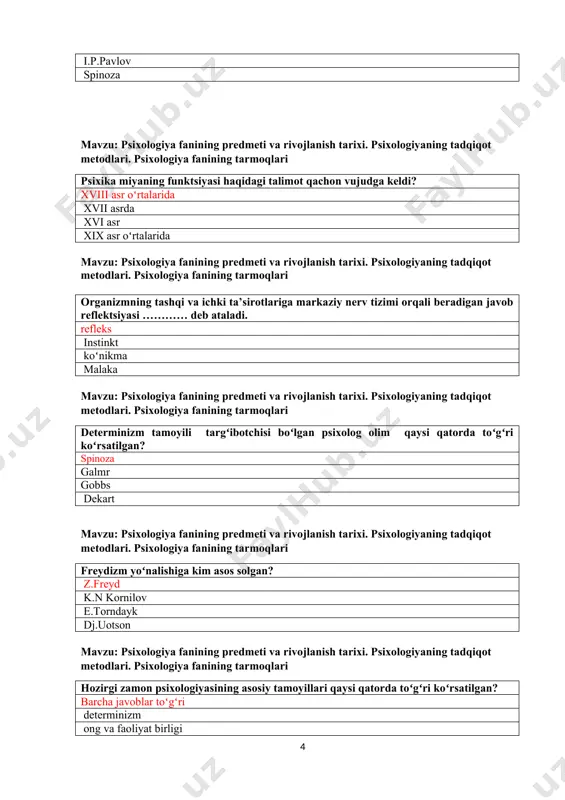 metodlari. psixologiya fanining tarmoqlari ……………… psixika yashash sharoiti bilan belgilanadi va sharoit oʻzgarishi bilan oʻzgaradi. determinizm ong va faoliyat birligi ongni faoliyatda rivojlanishi ong mavzu: psixologiya fanining predmeti va rivojlanish tarixi. psixologiyaning tadqiqot metodlari. psixologiya fanining tarmoqlari ……………….. ong va faoliyat bir-biriga qarama-qarshi ham aynan bir narsa emas ular bir butunlikni tashkil etadi. ong va faoliyat birligi determinizm ongni faoliyatda rivojlanishi psixika mavzu: psixologiya fanining predmeti va rivojlanish tarixi. psixologiyaning tadqiqot metodlari. psixologiya fanining tarmoqlari ………… psixika taraqqiyot mahsuli va faoliyat natijasi deb qaralsa uni toʻgʻri tushunish mumkin. psixika va ongni faoliyatda rivojlanishi determinizm ong va faoliyat birligi psixika mavzu: psixologiya fanining predmeti va rivojlanish tarixi. psixologiyaning tadqiqot metodlari. psixologiya fanining tarmoqlari aniq faoliyat turlariga koʻra psixologiya sohalari qaysi qatorda koʻrsatilgan? muhandislik, mehnat, pedagogik psixologiya, aviatsiya yosh psixologiyasi, maxsus psixologiya, oligofreno psixologiya mehnat psixologiyasi, tibbiyot psixologiyasi, maxsus psixologiya sport psixologiyasi, savdo psixologiyasi, harbiy psixologiya, instinktiv psixologiya mavzu: psixologiya fanining predmeti …
