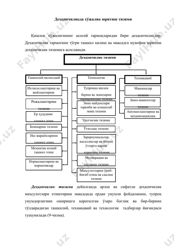 зимнинг самарали фаолият кўрсатиши кўпроқ ташкилий-иқтисодий тадбирларга боғлиқ бўлиб бормоқда. деҳқончилик тизимида технологик омиллар муҳим ўрин тутади: · тупроққа ишлов бериш ва экинларни парваришлаш тизими – экишдан олдинги ва экинларнинг вегетация даврида тупроққа ишлов бериш, экинларни парваришлаш билан боғлиқ барча агротехник ва технологик тадбирлар мажмуасини ўз ичига олади. бу тизим алмашлаб экиш, ўғитлаш, экинларнинг касалликлардан, зараркунандалардан ва бегона ўтлардан ҳимоялаш тизимлари билан биргаликда ривожлантирилади. · алмашлаб экиш тизими – деҳқончилик тизимининг мураккаб элементларидан бири ҳисобланади. алмашлаб экиш экин турларини йиллар бўйича жойлаштириш кетма-кетлигини оптималлаштириш, минерал ва органик ўғитлардан фойдаланиш самарадорлигини ошириш, экинларнинг турли касалликлари, зараркунандалар ва бегона ўтларга қарши курашнинг оқилона усулларидан фойдаланиш орқали ҳар бир экин турига ўсиш ва ривожланиш учун қулай шароит яратиб беришни кўзда тутади. алмашлаб экишнинг экинларни хўжалик ҳудудида оқилона жойлаштириш нуқтаи-назаридан ташкилий аҳамияти ҳам мавжуд. · уруғчилик тизими - қишлоқ хўжалиги экинларининг касалликларга чидамли, эртапишар, серҳосил, механизациялаштириш талабларига ва маҳаллий шароитларга мос келувчи навларини танлашга …