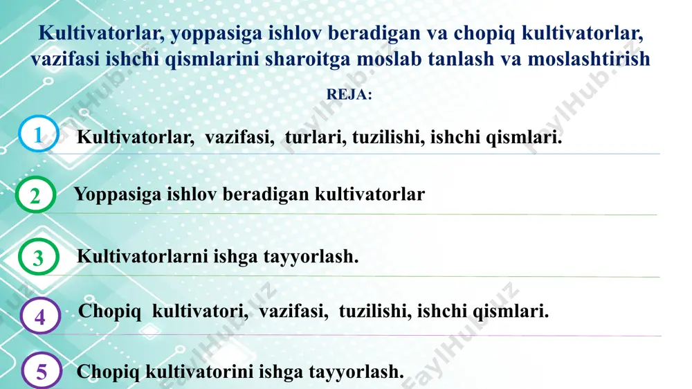 ksiyalar bo‘lmasligi lozim. - begona o‘tlarning yo‘qotilish darajasi - kamida 95 %, - dala yuzasida qolgan notekisliklarning balandligi - ko‘pi bilan 5 sm, - o‘g‘itlash me’yori, kg/ga: - superfosfat 200-600 - ammofos 200-600 - ammiak selitrasi 200-600 - kaliy tuzi 200-600 - apparatlarning o‘g‘it sepish notekisligi - ko‘pi bilan ±10 %, - o‘g‘it solish chuqurligi - 15-18 sm, - o‘g‘it solish kengligi - 15-18 sm chizel-kultivator ishiga qo‘yiladigan agrotexnik talablar 4 kfg-3,6 frezali kultivator kfg-3,6 frezali kultivator og‘ir mexanik tarkibli va serkesak dalalarni chigit va boshqa qishloq xo‘jalik ekinlari urug‘ini ekishga tayyorlashda qo‘llaniladi. u rama, unga o‘rnatilgan o‘qyoysimon panjalar, frezali baraban, fartuk va g‘altaklardan tashkil topgan. o‘qyoysimon panjalar tuproqni 18 sm gacha chuqurlikda yumshatadi, frezali baraban uni 8-10 sm chuqurlikda maydalaydi, fartuk dala yuzasini tekislaydi va g‘altak uni zichlab ketadi. agregatni qamrov kengligi 3,6 metrni tashkil etadi. 5 1-rama; 2-reduktor; 3-kardanli val; 4-oraliq val; 5-yon reduktor; 6-pichoq; 7-o‘qyoysimon panja; 8-tayanch …