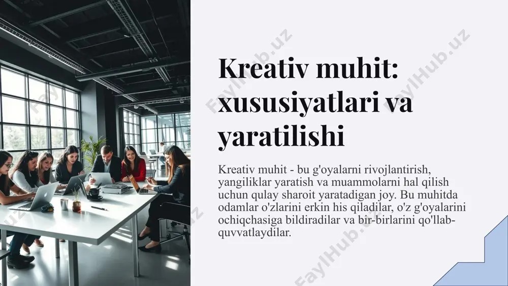 xulosa va tavsiyalar kreativ muhit yaratish - bu har qanday tashkilot uchun muhim maqsad. bu g'oyalarni rivojlantirish, yangiliklar yaratish va muammolarni hal qilish uchun qulay sharoit yaratadi. kreativ muhitni shakllantirish uchun ochiq muloqot, xato qilishni qabul qilish, qo'llab-quvvatlash va ijodkorlikni rag'batlantirish kabi omillarni hisobga olish kerak. kreativ muhitni saqlash va rivojlantirish uchun muntazam ravishda yangi g'oyalarni qo'llab-quvvatlash, o'rganish va takomillashtirish zarur. 12 image1.png image2.png image3.png image4.png image5.png image6.png image7.png image8.png image9.png image10.png image11.png image12.png image13.png image14.png image15.png image16.png image17.png