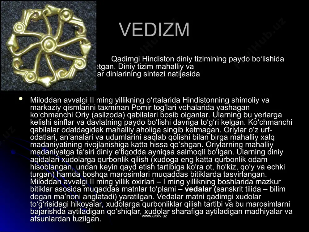 asi (lotincha emanatio – oqib chiqish, o‘tish degan ma’nolarni anglatadi, iloh ijodiy energiyasining oqib chiqishi) natijasida vujudga kelgan. tirik jonzodlardagi ruh uning bir zarrasidir. ruh boqiy. uning qayta tug‘ilishi to‘xtatilmasa, tanadan-tanaga cheksiz ravishda ko‘chaveradi. ruhning ko‘chishini sansara (sanskrit tilida – shakllanish, ko‘chish, vujudga kelish degan ma’nolarni anglatadi) aqidasi tartibga soladi. sansara barcha tirik mavjudotlarning o‘tkinchiligi, o‘zgaruvchanligi, ruhning tanadan-tanaga ko‘chishining yagona zanjiri to‘g‘risidagi ta’limotdir. ruhning ko‘chish tartibi, ya’ni ruhning qaysi mavjudotning tanasiga ko‘chishi uning hayot yo‘li yoki karmasiga (sanskrit tilida – harakat, burch, faoliyat degan ma’nolarni anglatadi) bog‘liq. karma – ilohiy kuch bo‘lib, odamning sodir etgan xatti-harakati, xulq-atvori, intilishlari va maqsadlarini umumlashtiradi va ruhning qaysi jonzodga ko‘chishini belgilaydi. braxmanizmda karmaning asosini kasta qoidalari tashkil etadi. kastada belgilangan qoidalarni buzish og‘ir gunoh sanaladi va bu ruhning ko‘chishi masalasini hal etishi mumkin. karma aqidalari dxarma (sanskrit tilida – qonun, burch, qoida, fazilat kabi ma’nolarni anglatadi) ta’limotida bayon qilingan. dxarma – fuqaroviy, axloqiy va …
