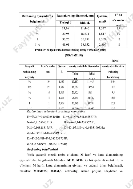 ing shartli belgisi: bolt m12x60.58 gost7798-96. boltning o’lchamini hisoblab aniqlash formulalari 2.4-jadvalda berilgan. gayka gayka teshigi rezbali bo’lib, bolt, vint yoki shpilka sterjeniga buralib, ajraladigan rezbali birikma hosil qilish uchun foydalaniladigan detal. gayka kvadrat, oltiyoqli va boshqa xil shakllarda bo’lishi mumkin. olti yoqli gayka normal balandlikda, past, baland va maxsus balandlikda: normal, yukori va dag’al (dag’al ishlangan) aniqlikda bo’lishi mumkin. olti yoqli gayka bolt kallagini chizgandek bajariladi. olti yoqli gayka eng ko’p tarqalgan (2.5-shakl): ikki faskali (yuqori aniqlikdagi) gayka gost 5927-96 bo’yicha, bir faskali (normal aniqlikda) gi gayka gost 5915-96 bo’yicha tayyorlanadi. yirik qadamli va rezbasining diametri d=12mm, mustahkamlik klassi 5 bo’lgan olti yoqli gaykaning shartli belgisi: gayka m12.5 gost 5915-96. gaykaning o’lchamlarini hisoblab aniqlash formulalari 2.4-jadvalda berilgan. shayba shayba rezbasi bo’lmagan, sterjen diametridan kattaroq teshigi bo’lgan, qalinligi ancha yupqa bo’lib, gayka yoki bolt kallagi ostida qo’yiladigan detal. shayba birikadigan detallarni ezilishdan, shikastlanishdan saqlaydi. har xil tuzilishdagi shaybalar bo’ladi. gost …