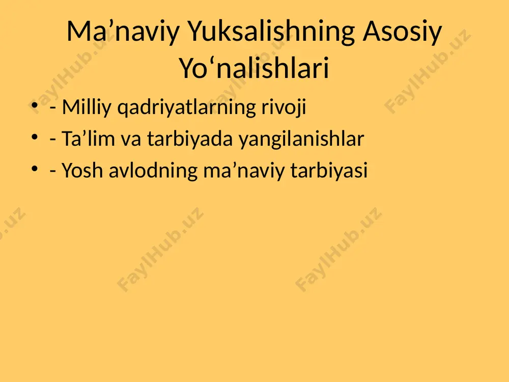 illiy madaniyat va an’analarning targ‘iboti - sayyohlar uchun innovatsion xizmatlar yoshlar siyosati - yoshlar uchun imkoniyatlar va dasturlar - yoshlarning ijtimoiy faolligi - ularning kelajakka bo‘lgan ishonchini oshirish xulosa - ma’naviy va madaniy o‘zgarishlarning ijtimoiy ahamiyati - kelajakdagi vazifalar va rivojlanish yo‘nalishlari - yangi o‘zbekiston uchun ma’naviy uyg‘unlikning o‘rni qo‘llanilgan adabiyotlar 1. prezident asarlari va nutqlari 2. o‘zbekiston respublikasi qonunlari va hujjatlari 3. ilmiy maqolalar va tadqiqotlar yangi o‘zbekistonda ma’naviy va madaniy o‘zgarishlar tayyorlagan: ametov saparğali sana: 2024-yil /docprops/thumbnail.jpeg