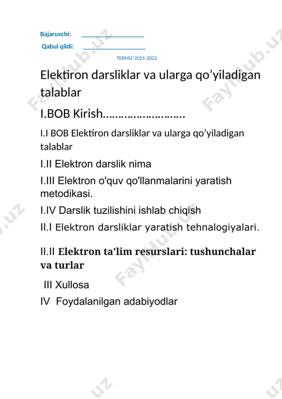 alarini o'rganish; elektron ta'lim resurslari va veb-saytlarni yaratish uchun zamonaviy dasturiy vositalarni o'rganish. “informatika bo‘yicha profilli o‘qitish” elektron ta’lim resursining tuzilishi va mazmunini aniqlang. "informatika bo'yicha profil treningi" eerni ishlab chiqish. i.i elektiron darsliklar va ularga qo’yiladigan talablar i.ii elektron darslik nima ma’lumki, ta’lim tizimida barcha fundamental bilimlar asosan an’anaviy bosma shaklda tayyorlangan o‘quv adabiyotlar orqali olinadi. elektron darslik esa bilim oluvchilarning tasavvurini kengaytirishga, dastlabki bilimlarini rivojlantirishga va chuqurlashtirishga, yangi qo‘shimcha ma’lumotlar bilan to‘ldirib borishga mo‘ljallangan bo‘lib, ko‘proq chuqurlashtirib o‘qitiladigan fanlar bo‘yicha yaratiladi. elektron darslik – bu davlat ta’lim standarti asosida mutaxassislik va yo‘nalishlar bo‘yicha fanlarning alohida bo‘limlariga oid nashrlar, namunaviy va ishchi reja, shuningdek, mashqlar va masalalar to‘plami, turli sxemalar, atlaslar, tajriba ishlar yuzasidan ko‘rsatmalar, testlar, annimatsiyalar (xarakatlar) ma’lumotnomalar bo‘lishi mumkin. rasmiy asnoda olib boriladigan elektron darslik bo‘yicha barcha materiallar birinchi navbatda mavjud standartlarga mos bo‘lishi lozim. elektron darslik mazmuni esa u taqdim etiladigan dasturiy muhitga nisbatan neytral bo‘lib, …