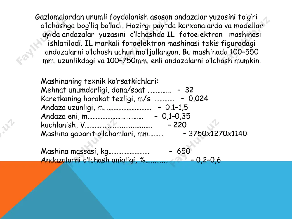 stol ostida joylashgan turel valiga o’rnatilgan. turel-8 trubkalar bilan birgalikda doimiy burchak tezlikda aylanadi. turelning bir aylanishda stol l-4 sm.ga siljiydi. turelning har bitta trubkasi ketma-ket aylanma harakatlanib, 80 sm. uzunlikda va 1 sm. enli yuzani o’lchaydi. turel bir to’liq aylanishda 4x80x320 sm.yuza o’lchanadi. mashinada turelning har bir aylanishida 320 impuls beruvchi induksion generator mavjud. impulslar generator kuchaytirgichi orqali 10 fotorelega va elektron hisoblagich 11 ga uzatiladi. tablo-12 kv.sm.da o’lchash natijalarini ko’rsatadi. stol 3, turel-8 va impulslar generatoriga harakat tishli uzatmalar sistemasi orqali beriladi. mashinada bir smenada 200-250 dona andazalar yuzasini o’lchash mumkin. image3.png image4.jpeg /docprops/thumbnail.jpeg