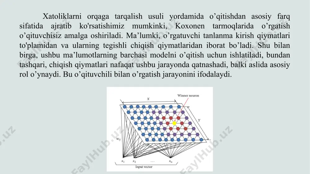 i bo’lishi mumkin. koxonen neyron tarmog’i ushbu kompaniyalarni ko’proq yoki kamroq ishonchli kontragentlar guruhlariga ajratishda yordam berishi mumkin. buning asosida ma’lum bir tashkilot bilan birgalikdagi faoliyatning maqsadga muvofiqligi to’g’risida qaror qabul qilinishi mumkin. tuzilish jihatdan tarmoq bitta kirish va bitta chiqish qatlamidan iborat bo'lib, kirish qatlamining barcha neyronlari chiqish qatlamining har bir neyroniga ulangan: kirish neyronlari soni obyektlarning alomatlari soniga, chiqish neyronlari soni esa klasterlar soniga teng bo’ladi. tarmoq “g’olib hammasiga egalik qiladi” tamoyili bo’yicha ishlaydi, ya’ni eng katta chiqish signali birga va qolgan barcha chiqishlar nolga aylantiriladi. shunday qilib, biron bir obyektning alomatlarini kirish sifatida taqdim etish orqali biz chiqishda bir qator nol qiymatlarni olamiz va faqat bitta neyron birga teng qiymatga ega bo’ladi. bu obyekt ushbu klasterga tayinlanganligini bildiradi. bunda kirish sifatida taqdim etiladigan obyektlarni vektorlar sifatida, uning koordinatalarini esa alomatlarning qiymatlari sifatida hisoblash maqsadga muvofiq bo’ladi: shuningdek, chiqish elementlarini ham vektorlar sifatida qarash mumkin, ularning koordinatalari kirish …