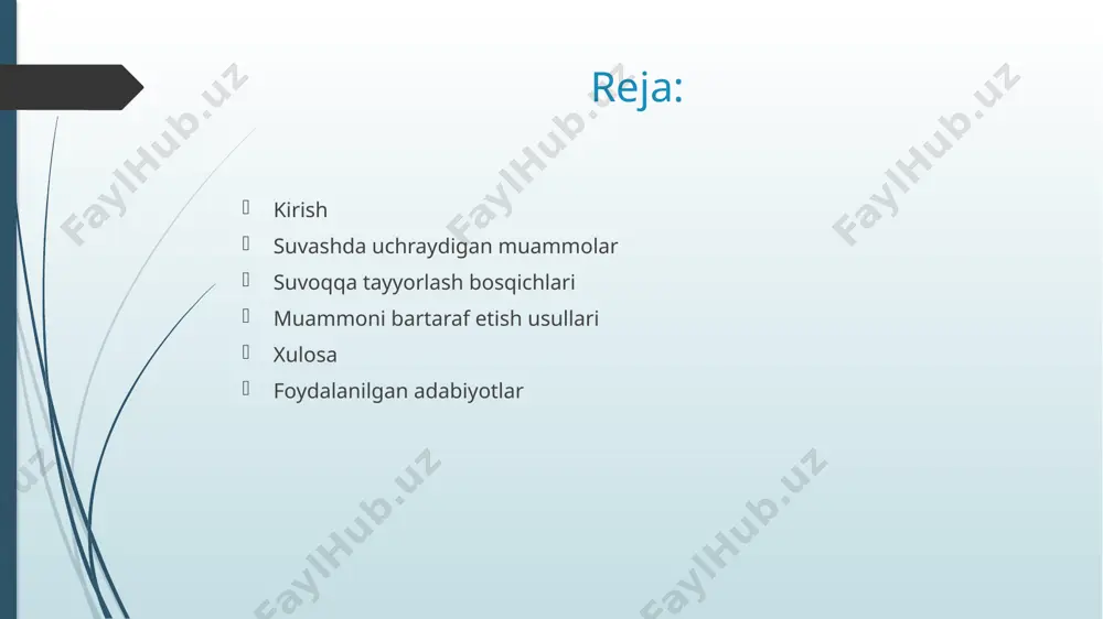 n, masalan antifrizdan. quritish jarayonini sun’iy ravishda tezlashtirish. bunda xonani isitish moslamalari bilan bir me’yorda quritish nazarda tutilgan. xulosa qishda suvash ishlarini sifatli bajarish uchun harorat, namlik va maxsus materiallarga e’tibor berish muhim. suvashga to‘g‘ri tayyorgarlik ko‘rilsa, sifatli va bardoshli natijaga erishish mumkin. foydalanilgan adabiyotlar “quruq qurilish qorishmalari o’quv qo’llanma” toshkent-2013 19-bet arxiv.uz wikipediya.ru image1.png image2.jpeg image3.jpeg image4.jpeg /docprops/thumbnail.jpeg