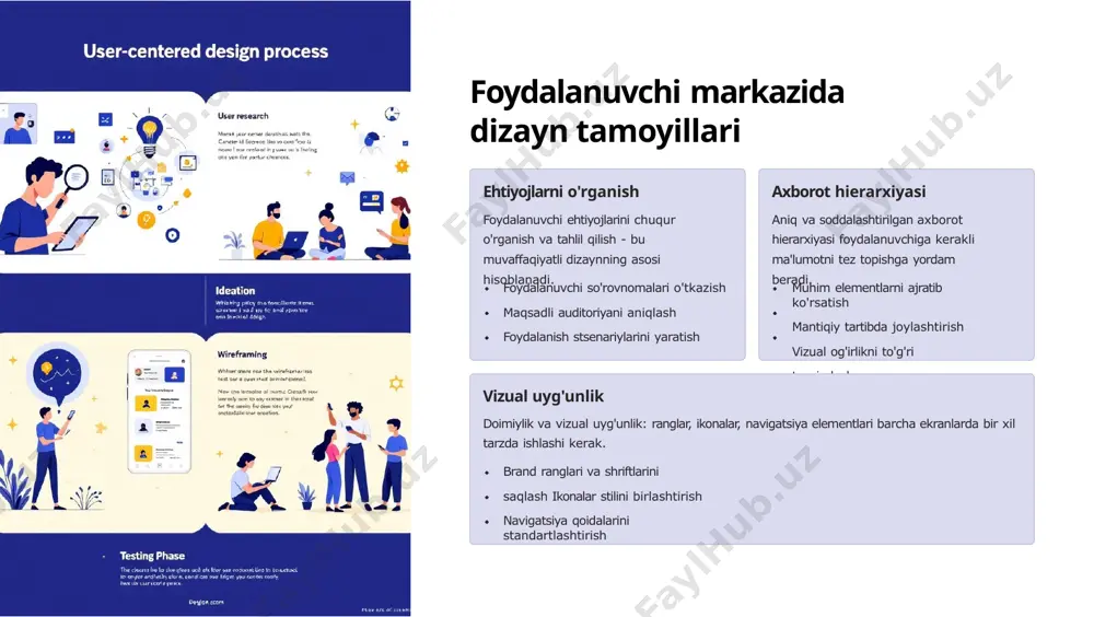 susiyatlar qo'shilishi kerak. minimalistik va toza dizaynning kuchi "soddalik - bu eng murakkab narsadir" - leonardo da vinci keraksiz elementlardan voz kechish har bir element o'z maqsadiga ega bo'lishi kerak. faqat bezak uchun qo'yilgan elementlar foydalanuvchini chalg'itadi va ilova tezligini pasaytiradi. "kamroq - ko'proq" tamoyili interfeys dizaynida eng muhim qoidalardan biridir. oq bo'shliq va shriftlar oq bo'shliq (whitespace) - bu dizaynerning eng kuchli qurolidir. u elementlarni ajratib ko'rsatadi va o'qilishi oson muhit yaratadi. shriftlar esa aniq, katta va kontrastli bo'lishi kerak. fokus va diqqat foydalanuvchini chalg'itmaydigan soddalik - bu maqsadga yo'naltirilgan dizayn demakdir. har bir ekranda bitta asosiy harakat bo'lishi va u aniq ko'rsatilishi kerak. interfeysni sinovdan o'tkazish va takomillashtirish foydalanuvchi testlari real foydalanuvchilar bilan o'tkaziladigan testlar eng qimmatli ma'lumotlarni beradi. ular interfeysdagi muammolarni aniqlash va yechimlar topishga yordam beradi. kamida 5-10 kishi bilan test o'tkazish kifoya. a/b testlari ikki xil dizayn variantini taqqoslash orqali qaysi biri samaraliroq ekanligini aniqlash …