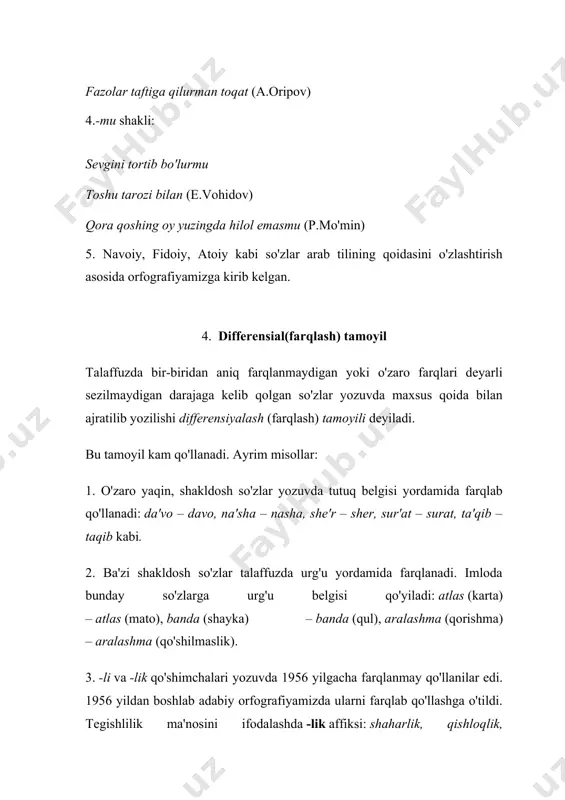 il o'zlashgan so'zlarning qadimgi etimologik yoki grafik holatini saqlab qolish asosida yozish imloda etimologik yoki grafik tamoyil deyiladi. boshqacha qilib aytganda, yozuvda o'zlashma so'zning etimologiyasi saqlanadi. masalan, navoiy, lutfiy, maoniy, mutolaa, mushoira, muammo kabi so'zlar ham shu tamoyil asosida yozilgan. rus tili va u orqali o'zlashgan rol, sentner, tender, kompyuter, bank, senator, aksiya kabi so'zlar etimolo-gik-grafik tamoyil asosida yozilmoqda. shunisi xarakterliki, o'zbek tili talaffuzi uchun qiyin bo'lgan ba'zi ruscha-internatsional so'zlar hozirgi orfografik qoidalarga ko'ra, istisno tarzda, tilimizning talaffuz xususiyat-lariga moslab yoziladi va talaffuz qilinadi: kiosk – kioska, propusk – propuska, otpusk – otpuska, bank – banka kabi. ayni vaqtda orfografiya tamoyillari o'rtasida uzviy aloqa ham mavjud. oilaviy, navoiy kabi so'zlarning oxiridagi -viy, -iy qo'shimchalari tarixiy-an'anaviy tamoyilga ham, etimologik-grafik tamoyilga ham mos keladi. jo'nalish kelishigi shakli -ga, -ka, -qa yozilishida fonetik va morfologik tamoyillar mos keladi. nazorat uchun savollar: 1. orfografiya nima? orfografiyaning asosiy imlo qoidalarini ayting. 2. imlo qoidalari qanday …