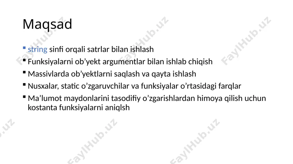 rlarni c-string satrlari orqali ham yaratish mumkin. bunda string konstruktori ishlga tushadi. char s1[ ] = “xayrli tong”; stirng s(s1); bu yerda s1 c-string va s stirng ob’yekti. satrlarni ulash satrlarga yangi satrlarni qo’shish uchun turli xil qayta yuklangan funksiyadan foydalanish mumkin: misol satrni ta’minlash satrga qiymat ta’minlash uchun assign() funksiyasidan foydalaniladi: misollar at, clear, erase va empty funksiyalari misollar length, size, capacity va c_str() funksiyalari misollar satrlarni taqqoslash misollar qismsatrlarni ajratib olish misollar satrda qidirish misollar satrlarda qo’shish va almashtirish misollar satr operatorlari misollar sonlarni satrlarga o’tkazish sonlarni satrlarga o’tkazish ob’yektlarni funksiyalarga yuborish ob’yektlar funksiyalarga qiymat orqali yoki havola orqali uzatilishi mumkin. ob’yektlarni havolalar orqali uzatish samarali yo’l hisoblanadi. avvalgi mavzularda funksiyaga bazaviy turlarni, massivlarni va satrlarni uzatish qarab o’tilgan edi. siz ob’yektlarni funksiyaga uzatishingiz mumkin. ob’yektlar funksiyaga qiymat orqali yoki havola orqali uzatilishi mumkin. listing 10.3 da ob’yekt qiymat orqali uzatilishi ko’rsatilgan. listing 10.3 listing 10.4 havola orqali …