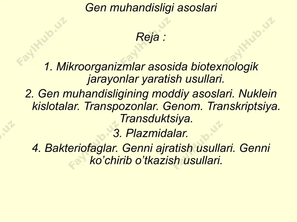ogʼliq boʼlgan barcha usullardan, xususan: konʼyugatsiya, transduktsiya, transformatsiya va boshqa genetik jarayonlardan foydalanishga toʼgʼri keladi. mikroorganizmlar selektsiyasi masalan, konʼyugatsiya usuli (bakteriyalar orasida genetik materiallar bilan almashish), neft qoldiqlarini faol parchalovchi pseudomonas shtammini yaratishda samarali foydalanilgan edi. koʼpincha transduktsiya (bakteriya viruslari-bakteriofaglar yordamida bir bakteriyadan boshqa bakteriyaga genlar oʼtkazish) va amplifikatsiya (kerakli genlarni nusxa sonini koʼpaytirish) usullaridan keng foydalanish orqali har xil fiziologik faol moddalar sintez qiluvchi hosildor shtammlar yaratilgan. koʼpgina mikroorganizmlarda antibiotik sintez qiluvchi genlar va ularni boshqaruvchilari xromosomalarda emas, balki plazmidalarda (xromosomadan tashqaridagi dnk) joylashgan boʼladi. bunday paytda amplifikatsiya orqali hujayradagi plazmidalar sonini koʼpaytirish orqali shtammlarni hosildorligini oshirish mumkin. selektsiya ishlarini yana bir yoʼli bu har-xil bakteriyalar protoplastlarini bir-biriga birlashtirish natijasida genetik rekombinantlar olish yoʼlidir. gen muhandisligining mohiyati va vazifalari viruslar bilan prokariot hujayralar orasidagi materialning koʼchirilishini, tabiiy sharoitda bakteriyalarda oʼtadigan rekombinatsiya mexanizmlarini oʼrganish, plazmidalar va moʼtadil faglarning hujayradagi hayotini tushunish genlar ustida turli manipulyatsiyalar oʼtkazish imkoniyatini beradi. olimlar qoʼlida …