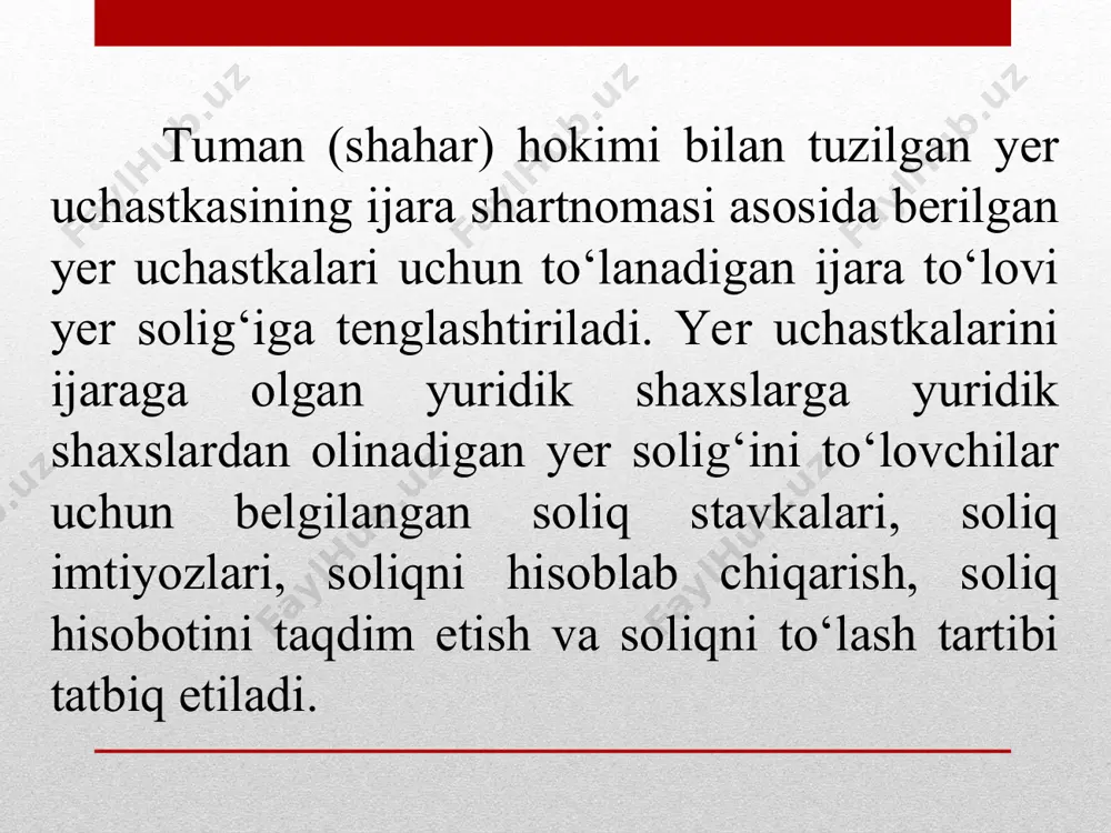 joriy soliq davri uchun soliq stavkalari qishloq xo‘jaligiga mo‘ljallanmagan yer uchastkalari joylashgan joydagi soliq organlariga har yili 10-yanvarga qadar taqdim etiladi. yer uchastkalari joylashgan joydagi soliq organlari ushbu soliq stavkalarini besh kun ichida soliq to‘lovchilarga ma’lumot uchun yetkazishlari kerak. qishloq xo‘jaligi uchun mo‘ljallangan yerlar uchun soliq stavkalari qishloq xo‘jaligi ekinzorlarining normativ qiymatiga nisbatan 0,95 foiz miqdorda belgilanadi. yagona ishtirokchilari nogironligi bo‘lgan shaxslarning jamoat birlashmalaridan iborat bo‘lgan va xodimlar umumiy sonining kamida 50 foizini nogironligi bo‘lgan shaxslar tashkil etadigan hamda nogironligi bo‘lgan shaxslarning mehnatiga haq to‘lash fondi mehnatga haq to‘lash umumiy fondining kamida 50 foizini tashkil etadigan yuridik shaxslar tomonidan egallangan yer uchastkalariga nisbatan soliq stavkalariga 0,25 koeffitsiyent qo‘llaniladi. quyidagilar egallagan yer uchastkalari uchun soliq stavkasiga 0,45 koeffitsiyent qo‘llaniladi qurilishi tugallanmagan obyektlar egallagan yer uchastkalari uchun, soliq ikki baravar soliq stavkalari bo‘yicha to‘lanadi, shuningdek qonunchilikda belgilangan soliq imtiyozlari va kamaytiruvchi koeffitsiyentlar mazkur yer uchastkalarida qurilish tugallanguniga qadar ularga nisbatan tatbiq etilmaydi. …