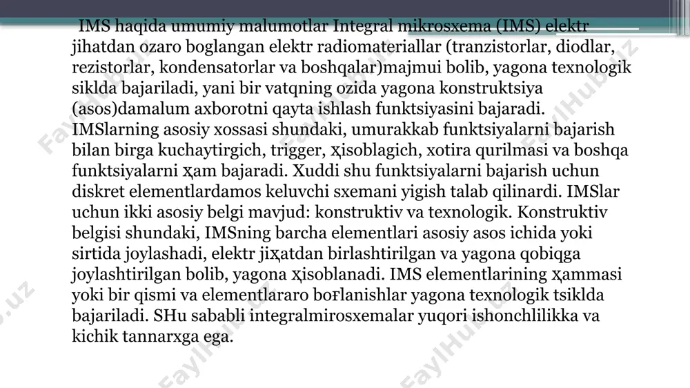 ud. ims ning ichki tuzilishi ttm va ttmsh, markalanishi va xarakteristikalari tranzistor —tranzistorli mantiq (ttm ) elem entlar keng tarqalgan va ko‘p ishlab chiqariladigan r1s hisoblanadi. sodda invertorli ttm sxemasi 1-rasmda keltirilgan. element ikkita mantiqiy kirishga ega bo‘lib, u ko‘p em itterli tranzistor (ket) asosida hosil qilingan tok qayta ulagichi va vt1 tranzistorli elektron kalit (invertor)dan tuzilgan. ket ttm turdagi m elarning o ‘ziga xos komponentasi hisoblanadi. u umumiy baza va umumiy kollektorga ega bo‘lgan tranzistorli tuzilmadir. standart sxemalarda kirishlar (emitterlar) soni kbirl<8. ttm elem entlar mdya, markalanishi va xarakteristikalari. m dy — tranzistorlar ichida metall — nitrid kremniy — dielektrik - yarim o‘tkazgich (mndya) tranzistorlar (7.7, a-rasm) alohida o ‘rin tutadi bunday tranzistorlar xotira elementi rolini bajaradi va qayta dasturlanuvchi xotira qurilmalar asosini tashkil etadi. ushbu tranzistor dielektrigi ikki qatlamdan: qalinligi 2-^5 nmni tashkil etuvchi sio, va kremniy oksidi ustiga purkalgan 0,05^0,1 mkm qalinlikdagi si,n4 kremniy nitrididan tashkil topadi. …