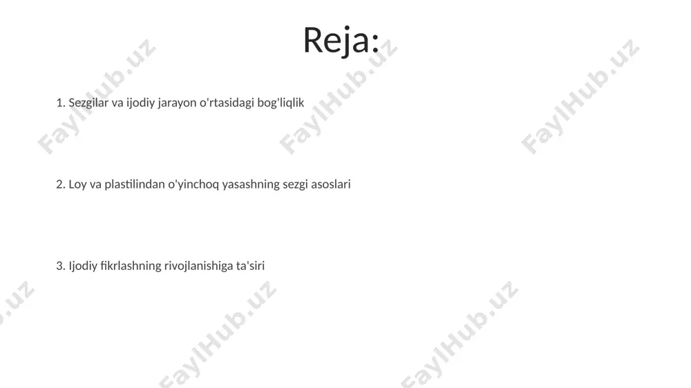 namligi va plastilinning yumshoqligi, bolalarning mushaklarini va qo'l-barmoqlarining mayda motorikasini rivojlantirishda muhim rol o'ynaydi, bu jarayon 30 dan ortiq mushak guruhini faollashtiradi. sezgilarning ijodkorlikka ta'siri taxminan 100 nafar toshkentdagi maktabgacha ta'lim muassasasi tarbiyalanuvchilarida o'tkazilgan tadqiqot shuni ko'rsatdiki, loy bilan ishlash xotira va diqqatni 15% ga yaxshilaydi, ijodkorlikni esa 30% ga oshiradi. plastilin bilan ishlash jarayonida, turli teksturalarni(qattiq, yumshoq) sezish orqali bolaning muammo hal qilish qobiliyati 25% ga o'sadi va bu samarqanddagi eksperiment natijalarida tasdiqlangan. tayyor mahsulot va uning estetik ahamiyati tayyor mahsulotning rang-barangligi, 5 yoshdan 10 yoshgacha bo'lgan bolalar tomonidan samarqanddagi hunarmandchilik darslarida yaratilgan 20 dan ortiq turli xil shakllarning mavjudligi, uning estetik qiymatini oshiradi. loydan yasalgan 7 ta turli xil qo'lda ishlangan o'yinchoqlarning sirt tuzilishi, toshkentdagi muzeylar eksponatlarining tahliliga ko'ra, mahsulotning estetik qadr-qimmatini aniqlaydi va madaniy meros bilan bog'laydi. loy va plastilindan o'yinchoq yasashning sezgi asoslari loyning har xil ranglari va teksturalari (qo'pol, silliq) 5-10 yoshli bolalarda ranglarni farqlash …