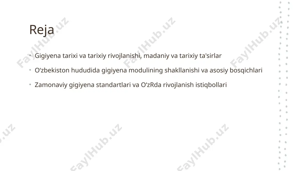 giyenaga bo'lgan talabni oshirdi. 03 ijtimoiy roli ijtimoiy tuzum va jamiyatning tashkiloti gigiyena qoidalarini belgilaydi. rivojlangan davlatlar va madaniyatlar sanitariya qoidalarini ishlab chiqib, sog'liqni saqlashni ta'minlagan. oʻzbekistonda gigiyena modulining tarixiy rivojlanish bosqichlari va asosiy davrlari 1 gigiyena modulining boshlang'ich bosqichlari o'zbekistonda gigiyena moduli sovet davri va mustaqillikdan oldingi yillarda rivojlana boshladi, asosiy e'tibor sanitariya va sog'liqni saqlashga qaratilgan edi. 2 rivojlanish va modernizatsiya yillari 1990-yillardan boshlab, mamlakatda gigiyena ta'limi va sanitariya standartlari yangilandi, zamonaviy texnologiyalar va xalqaro tajribalar joriy etildi. 3 zamonaviy rivojlanish va kelajak istiqbollari hozirgi vaqtda, o'zbekistonda gigiyena modulining rivojlanishi davom etmoqda, sog'liqni saqlash tizimi va ta'lim muassasalari bilan hamkorlik kengaymoqda. madaniy-axloqiy ta'sirlar va tarixiy sharoitlarining gigiyena shakllanishiga ta'siri madaniy qadriyatlar va gigiyena madaniy qadriyatlar va urf-odatlar gigiyena odatlariga ta'sir qilib, tozalik va sog‘liqni saqlashga bo‘lgan ehtiyojni shakllantiradi. masalan, muqaddas joylarda tozalikni saqlash odati rivojlangan. tarixiy sharoitlar va gigiyena rivoji tarixiy voqealar, urushlar va epidemiyalar gigiyena standartlarini rivojlantirishga …