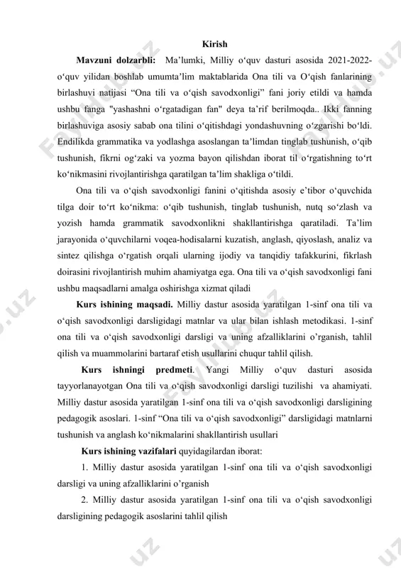manbalarning nomlari va elektron manzillari keltirildi. i bob. milliy o‘quv dasturi asosida tayyorlanayotgan ona tili va o‘qish savodxonligi darsligi tuzilishi va ahamiyati 1.1. yangi milliy o‘quv dasturi asosida tayyorlanayotgan ona tili va o‘qish savodxonligi darsligi tuzilishi shu paytgacha ona tili va o‘qish fanlari alohida o‘qitilgan. endi esa ushbu ikki fanni birlashtirgan “ona tili va o‘qish savodxonligi” deb nomlangan yagona fan dars soati saqlab qolingan holatda tashkil etiladi. o‘qish fani, asosan, badiiy uslubdagi, mavhum tushunchalarni tashiydigan matnlardan iborat edi. yangi darslik uchun tanlangan matnlar va she’rlar esa bolaning ijtimoiy hayotga kirishib keta olishida ko‘maklashadigan, ham badiiy, ham informativ, ham ilmiy-ommabop uslubdagi matnlardan iborat. amaldagi darsliklarda tinglab tushunish kompetensiyasini rivojlantirish uchun topshiriqlar ajratilmagan bo‘lsa, yangisida bu kompetensiyasini rivojlantirish uchun har bir mavzuga alohida topshiriqlar ishlab chiqilgan . o‘qib tushunish kompetensiyasini rivojlantirish uchun ajratilgan topshiriqlar esa, asosan, matnda ochiq ifodalangan ma’lumotlarga, yoki didaktik elementlarga qaratilar edi. endi esa darslikda o‘qib tushunish kompetensiyasining barcha …