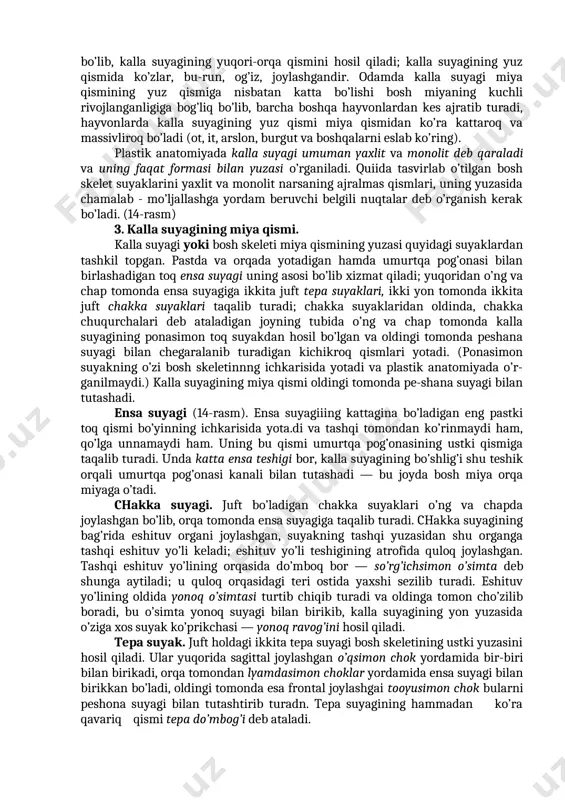 ashqi, pastki, o’ng va chap tomonda yonoq suyagi bilan birikadi. 2. kalla suyagi. kalla suyagi yoki bosh skeleti boshning suyak asosidir. ikkala qo’lni bo’yinning orqa yuzasiga qo’yib, yuqoriga chiqarib borilsa, barmoqlar muskullarni sezmay qolib, teri ostidagi suyakni - bosh skeletning suyak yuzasini topadi. o’rta chiziq bo’ylab mana shu joyda orqaning egatchasidan yuqoriroqda do’mpayma qo’lga unnaydi, bu tashqi ensa tepachasidir. boshning ko’zga tashlanib turadigan yoki yashirin barcha suyak do’mboqlari uni tuzish uchun zarur elementlar bo’lib hisoblanadi. bosh plastik jihatdan yagona va yaxlitdir, uning fragmentlarini tasvirlashda ham boshni hajmga keltirib, yaxlit his qilish zarur, aks holda tasvir plastik jihatdan noto’g’ri bo’lib chiqadi. boshni har tomondan o’rganib chiqish, uni doimo ko’krak qafasi va umurtqa pog’onasi bilan bog’lab turib har xil rakurslarda tasvirlashni bilib olish lozim. kalla suyagini o’rganish ana shu ish uchun asos bo’lib xizmat qiladi. kalla suyagi ikki qismdan tashkil topgan: miya qismi va yuz qismi. bosh suyagining miya qismi bosh miyasi …