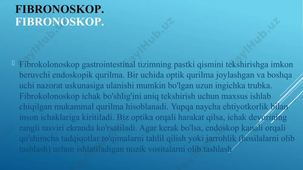 iingichka ichak-bu erda oziq-ovqat hazm qilinadi, ozuqa moddalari so'riladi, shundan so'ng ovqatning qolgan qismi keyingi bo'limga yuboriladivana-u orqali qayta ishlangan oziq-ovqatning keraksiz qoldiqlari kiradi. ingichka ichak irrigoskopiyasi-bu bemorning tanasiga kontrastli bariy eritmasi yuboriladigan rentgen tekshiruvining bir turi. kontrastdan foydalanish ichakni rentgen nurida ko'rish uchun zarurdir (chunki u odatdagi holatda rentgen nurida ko'rinmaydi). bariy eritmasi rektumga kiritiladi, shundan so'ng rasmlar olinadi.ushbu tahlil bemorda ichak tuzilishida buzilishlar yoki patologiyalar mavjudligini, ushbu organning neoplazmalari yoki boshqa kasalliklari mavjudligini aniqlash uchun ishlatiladi. jarayon invaziv emas – qorin bo'shlig'ini kesishni talab qilmaydi-va endoskopik emas (standart vaziyatda uni amalga oshirish uchun inson tanasiga hech qanday sensorlar kiritilmaydi). bu og'riqsiz va bemorga noqulaylik tug'dirmaydi. xulosa xulosa qilib aytganda, kolonoskop moslashuvchan trubka bo'lib, murakkab ichki tuzilishga ega, oxirida kamera bilan jihozlangan. kolonoskop anus orqali rektumga, so'ngra katta ichakning barcha qismlariga kiritiladi. kolonoskop - bu uzun trubaga o'xshash maxsus qurilma. bu elastik, chunki ichakning o'zi - struktura ichi bo'sh …