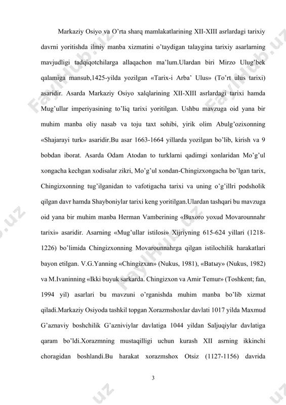 6) davrida boshlanib,alouddin takash (1172-1200) davrida nihoyasiga yetdi.takash davrida xorazm davlati mustaqillikga erishdi,mamlakat xududlari ikki baravar kengaydi. natijada old va o’rta osiyoda yirik va qudratli feodal davlati tashkil topdi.alouddin takash vafotidan so’ng taxtga uning ug’li sulton muhammad (1200-1220) utirdi. uning davrida mehnatkash aholining ahvoli og’irlashdi,maxalliy hukumdorlarning talon-tarojlar avjiga chiqdi, tuxtovsiz urushlar halq xo’jaligini xonavayron qildi, mamlakatda ichki ziddiyatlar keskinlashdi.bu shubxasiz shahar va qishloq mehnatkashlarining xorazmshoxlarga qarshi noroziligini oshirdi.natijada 1210 yilda o’trorda,1212 yil samarqandda yirik halq harakatlari bo’lib o’tdi.xorazmshoxlar davlatidagi bunday ichki ziddiyatlar,uning sharqdagi dushmani mo’ng’ullarga ayni muddat edi.mo’ng’ullar xii asrda ijtimoiy-iqtisodiy va madaniy hayotda markaziy osiyoda eng qoloq aholi edi.ular asosan chorvachilik bilan shug’ullanuvchi ko’chmanchi aholi edi.xii asrdan boshlab ularning hayotida urug’chilik munosabatlari yemirilib,sinfiy tabaqalanish boshlanadi.xii asrning oxiridan boshlab hozirgi mug’iliston xududida bir-biri bilan kelisha olmaydigan tatar,nayman,merket kabi o’nlab qabilalar yashab kelishgan,ammo ular bilan hamjins bo’lgan turklar bir-necha asrlar mobaynida g’arbiy osiyoning hayotiga kuchli ta’sir ko’rsatib kelgan.chingizxon xitoyni bosib olgach,o’z …