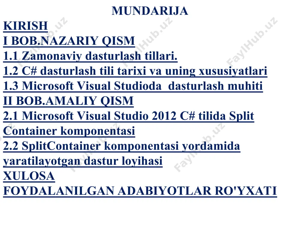idan foydalaning. splitcontainerning standart yo'nalishi vertikaldir. splitcontainer chegara uslubini belgilash va splitcontainerga qo'shilgan elementlarning chegara uslubidan foydalanib, chegara uslubini muvofiqlashtirish uchun borderstyle xususiyatidan foydalaning. splitcontainer komponentasi yordamida yaratilayotgan dasturning dizayni yaratilayotgan dastur mazmuni shundan iboratki, ushbu dasturda biz farg'ona davlat universiteti tuzilmasi haqida ma'lumot beruvchi windows operatsion tizimida ishlovchi dastur tuzamiz. buning uchun biz splitcontainer komponentasidan keng foydalanamiz. splitcontainer komponentasi orqali hosil bo'lgan oynani bo'laklarga ajratib olamiz. dasturning asosiy formasi dizayniga quyidagi komponentalarni joylashtiramiz: 1 ta menustrip komponentasi 2 ta splitcontainer komponentasi 11 ta button tugma amali. 2 ta label yozuv uchun amali. 1 ta richtextbox komponenti. 17 ta yangi windows form oynasi yuqorda keltirib o’tilgan komponentalarni quyidagicha qilib joylaymiz: yaratayotgan dasturimiz chiroyli va jozibador bo'lishi uchun men turli xil ranglardan va jonli rasmlardan keng foydalandim. c# dasturlash tilining windows forms bo'limida har bir komponenta uchun turli xildagi ranglar va orqa foni uchun rasmlardan foydalanish mumkin. bundan tashqari biz splitcontainer …