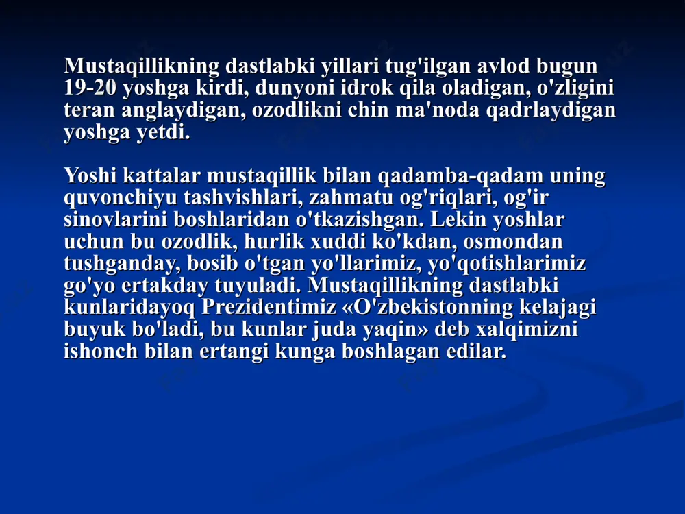 borgan jo‘shqin va serqirra siyosiy-ijtimoiy faoliyatini aks ettiradigan ma’ruza va nutqlar, suhbat, maqola va intervyular o‘rin olgan. kitob shaklida ilk bor chop etilayotgan bu chiqishlarning “o‘zbekiston mustaqillikka erishish ostonasida” deb nomlanishi albatta bejiz emas. bu kitob yaqin o‘tmishimizning murakkab tarixiy-siyosiy bosqichlarini, jumladan, tasavvur qilish ham qiyin bo‘lgan g‘oyat og‘ir va tahlikali bir vaziyatda o‘zbekiston rahbari sifatida ish boshlagan islom karimovning o‘lkamizni chuqur inqirozdan olib chiqish, uni qat’iyat va matonat bilan istiqlol sari boshlash, vatanimiz mustaqilligini e’lon qilish, umumxalq saylovida g‘olib chiqib, prezidentlik qasamyodini qabul qilishigacha bo‘lgan, tinimsiz kurashlar, keskin sinov va mashaqqatlar bilan o‘tgan faoliyat davrini o‘z ichiga oladi. kitobga kiritilgan nutq va ma’ruzalarda o‘sha davrdagi o‘ta dramatik voqealar, tarixiy o‘zgarishlar qanday murakkab vaziyatlarda yuz bergani, ularning tafsiloti, sabab va oqibatlari atroflicha yoritib beriladi. ma’lumki, 1989 yilning o‘rtalarida kpss markaziy komiteti, sovet hukumati tomonidan o‘zbekistonga nisbatan qatag‘on siyosati yangi bosqichda davom ettirilib, “paxta ishi”, “o‘zbeklar ishi” deb nom olgan siyosiy …