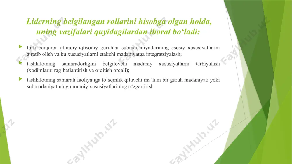 htirish va etakchilik munosabatlarini rasmiylashtirish zarurligini his qiladilar. ushbu bosqichda menejer quyidagilarni bajarishi kerak: liderlikni ta’minlash; guruh maqsad va vazifalarini, guruh a’zolarining rolini, shartsharoitlarini aniqlash; ijobiy va salbiy mustahkamlashni ta’minlash; norasmiy muloqotni, axborot almashinuvini ta’minlash. norozilikning kuchayishi bosqichi. ushbu bosqich professionallik darajasi, shaxsiy ambitsiyalari, individual kuchi va ta’siri, shuningdek, vazifaning maqsadi va uni amalga oshirish usullari haqidagi g‘oyalardagi farqlar tufayli bir-biri bilan kelishmovchilik kabi ko‘rinishlar bilan tavsiflanadi. guruh bufflari vazifaga emas, balki guruhdagi hokimiyat va ta’sir uchun kurashga qaratilgan. guruh rivojlanishining ushbu bosqichida menejerning vazifalari quyidagilardan iborat: guruh a’zolarining shaxsiy manfaatlari va guruh maqsadlari o‘rtasidagi mustahkam va shaffof bog‘liqlikni ta’minlash; guruh a’zolarining ehtiyojlari va ularning shakllanishining o‘ziga xos xususiyatlari o‘rtasidagi munosabat; guruh faoliyati mezonlari, normalari, standartlari va qadriyatlarini ishlab chiqish; guruh a’zolarini o‘z maqsadlariga erishishga undash; guruhdagi qarama-qarshilik va tushunmovchiliklarni bartaraf etish; guruh vazifalarini belgilash. guruh tashkilotida normalarni belgilash bosqichi. bu bosqich guruhdagi ta’sir kuchi muvozanatining rivojlanishi bilan tavsiflanadi. oldinga …