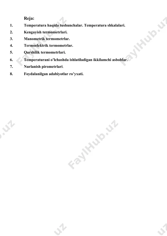 t1=0, qaynash nuqtasi t2=100°c va n=100 deb qabul qilinsa, temperaturaning selsiy shkalasidagi o'lchov birligi (2) bo'ladi. termodinamik shkala esa, absolyut temperaturalar shkalasini joriy etgan ingliz olimi kelvin nomi bilan yuritiladi. absolyut temperatura gey-lyussak qonuni (3) ga muvofiq temperaturaning boshlang'ich nuqtasi absolyut nol temperaturaning bo'lishiga asoslanadi yuqoridagi ifoda ideal gaz hajmi v ning o'zgarishi p = const bo'lganda temperaturaning o'zgarishiga bog'liqligini ko'rsatadi, bu yerda: vo - selsiy shkalasi bo'yicha temperatura nol bo'lgandagi gaz hajmi; - hamma gazlar uchun bir xil bo'lgan hajmiy kengayish termik koeffitsiyenti. absolyut nol temperaturada (to da) gaz hajmi v= 0 deb faraz qilinsa, 0=v0(1+to) (4) bo'lib, absolyut temperaturaning qiymati to = -273,16 bo'ladi. absolyut nol temperaturani amalda o'lchash mumkin emas, chunki temperatura pasaygan sari, gaz hajmi nolga yaqinlashmay, suyuqlikka aylanadi. amalda temperaturani o'lchash uchun xalqaro amaliy shkalalar - selsiy va kelvin qo'llaniladi. bu shkalalar selsiy shkalasi asosida tuzilgan, ularning o'lchov birligi amaliy shkalalar - selsiy, t hamda …