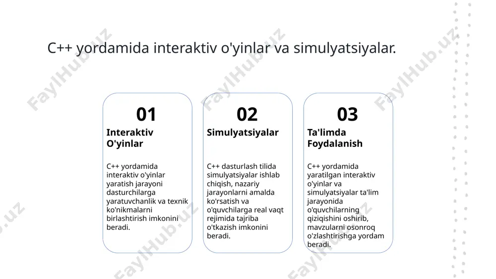 i. 3 interaktiv tajriba o'zbek madaniyatini aks ettiruvchi interaktiv dasturlar, foydalanuvchilarga san'at asarlarini o'zlari sezish va o'rganish imkoniyatini taqdim etadi, bu esa ta'lim jarayonini boyitadi. 4 madaniy meros c++ yordamida yaratilgan animatsiyalar, o'zbekistondagi madaniy merosni muhofaza qilish va yosh avlodga etkazishda samarali vosita sifatida xizmat qiladi. c++ texnologiyalari orqali o'zbek folklorini namoyish etish. o'zbek folklori o'zbek folklori, asrlar davomida shakllangan, xalqning madaniy merosi bo'lib, uning urf-odatlari, afsonalari va musiqa an'analari c++ yordamida namoyish etilishi mumkin. c++ imkoniyatlari c++ dasturlash tili, yuqori tezlik va samaradorlik bilan interaktiv animatsiyalar yaratishga imkon beradi, bu folklor elementlarini jonlantirishda muhim ahamiyatga ega. animatsiya misollari o'zbek folkloridagi qahramonlar, masalan, alpomish yoki sitorai mohi xonim, c++ orqali animatsiyalashgan sarguzashtlar bilan yoshlarni jalb etishi mumkin. ta'limda foydalanish c++ dasturidan foydalanib, o'zbek folklorini ta'lim jarayonlarida interaktiv vosita sifatida ishlatish, talabalar uchun qiziqarli va o'rgatuvchi muhit yaratadi. o'zbekistonda c++ dasturlash va madaniyatni birlashtirish imkoniyatlari. c++ va madaniyat c++ dasturlash texnologiyalari …