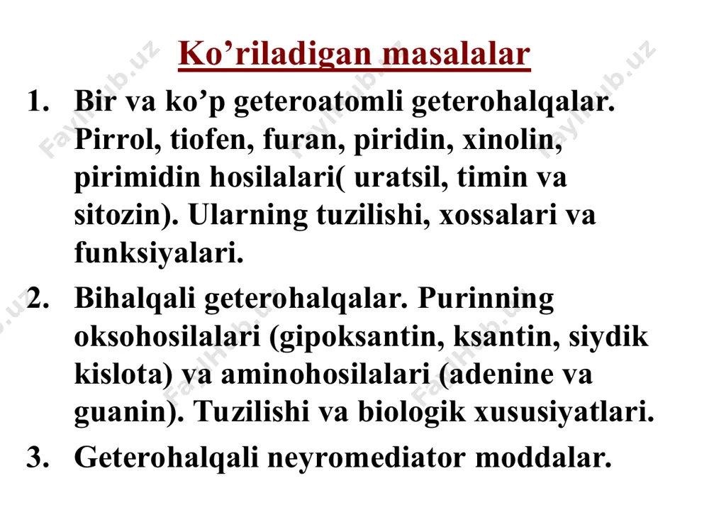 larini,polemeyilit kasalligi qoldiq asoratlari va polinevrit kasalliklarini davolashda ishlatiladi. n n н n n н bitta geteroatomli olti a’zoli geterohalqalar -piran - piran piridin о о n piridin hosilalari piridin trimeperidin (promedol) promedolni kuchli og’riq qoldiruvchi sifatida jarohatlar olinganda, operatsiyaga tayyorlashda, оperatsiyadan keyin ishlatiladi. piperidin piridin hosilalari α-pikolin - pikolin γ-pikolin -piridin-karbon kislota nikotin kislota γ –piridin-karbon kislota izonikotin kislota n сн3 n сн3 n сн3 n соон соон n piridin hosilalari -piridin-karbon kislota nikotin kislota nikotinamid кordiamin nikotin kislota (vitamin pp)- yurak qon-tomir sistemasining faoliyatini boshqaradi. suyak va bo’g’inlarda modda almashinuvini yaxshilaydi kordiamin-mns ni, yurak kasalliklarini davolashda ishlatiladi n соон n со-nн2 n со-n c2h5 c2h5 pellagra kasalligi pellagra kasalligi- xujayra devorlarini o’ziga xos shikastlanishi natijasida kelib chiqqan kasallik bo’lib, unda insonda gapdan adashish, tushkunlikka tushish, qayd qilish, bosh og’rig’i, ko’ngil aynishi,ich ketishi, terini qurib ketishi va boshqalar kuzatiladi. bu kasallikni 3 d kasalligi ham deyiladi, chunki u o’z …