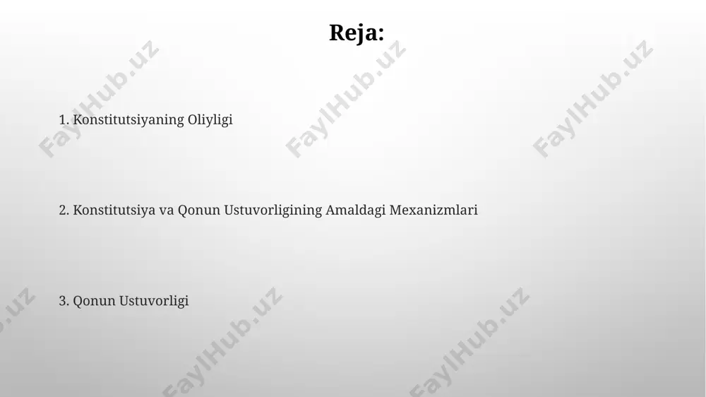 atan mustaqil bo'lib, 3 ta instansiyada qonunni qo'llash orqali uning ustuvorligini himoya qiladi. davlat hokimiyati, 1992-yil 8-dekabrda qabul qilingan o'zbekiston respublikasi konstitutsiyasiga muvofiq, qonun oldida teng va bo'ysungandir, bu esa huquqiy davlat tamoyillarini mustahkamlaydi. e'tiboringiz uchun rahmat @taqdimot_robot image3.png image4.jpg image5.jpg image6.jpg image7.jpg image8.jpg image1.png